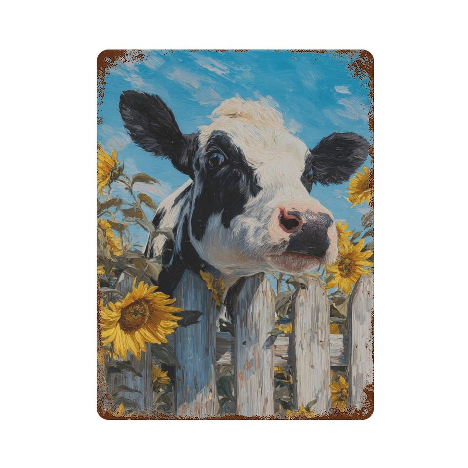 Cow Behind Sunflowers Decorative Tin Sign 15.7"x11.8", Retro Wall Decor for Garage, Pub Or Kitchen