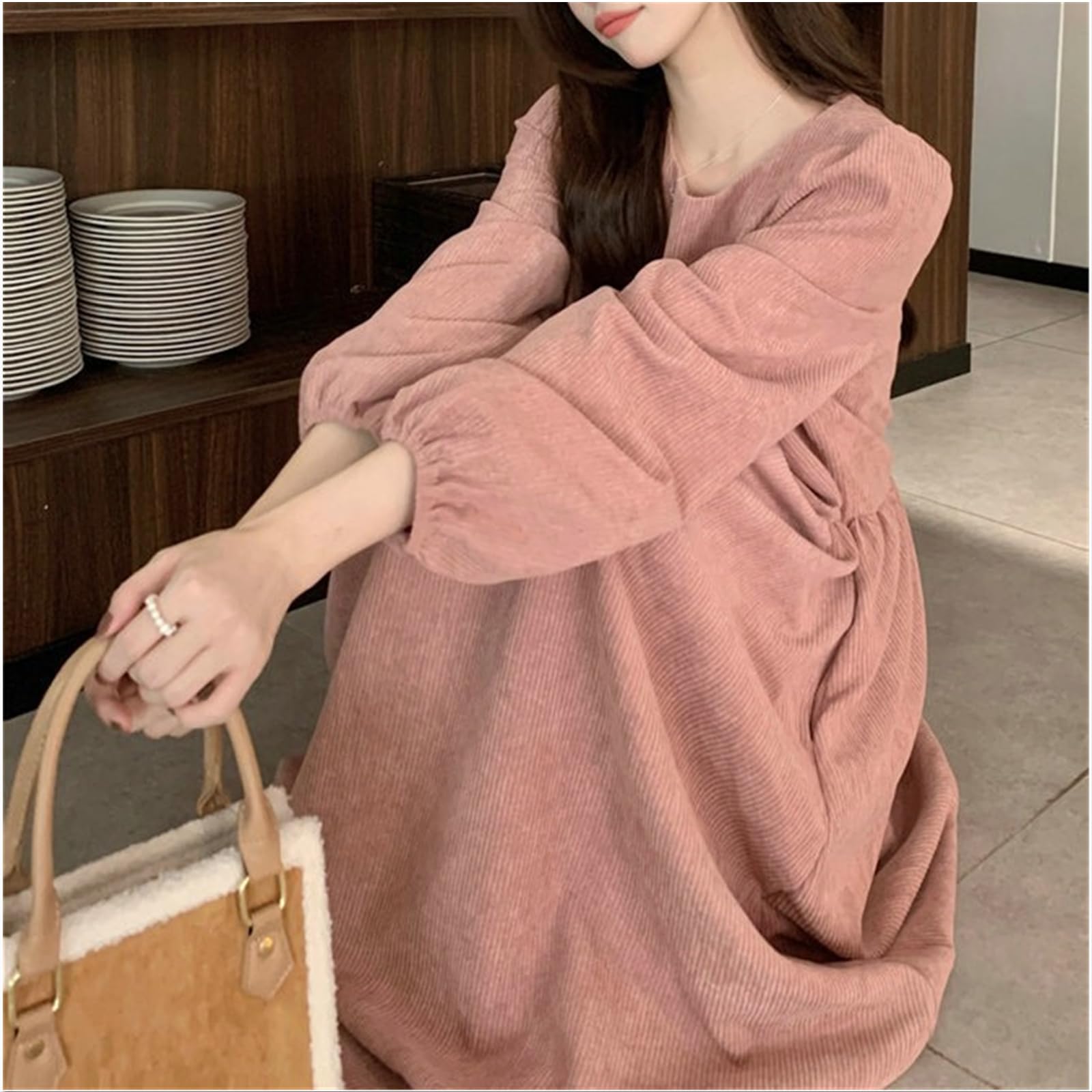 Vestito Donna Autunno Abito A Velluto A Velluto A Maniche Lunghe di Lanterna Francese Femminile Abito Lungo da Donna-Rosso Chiaro-XL