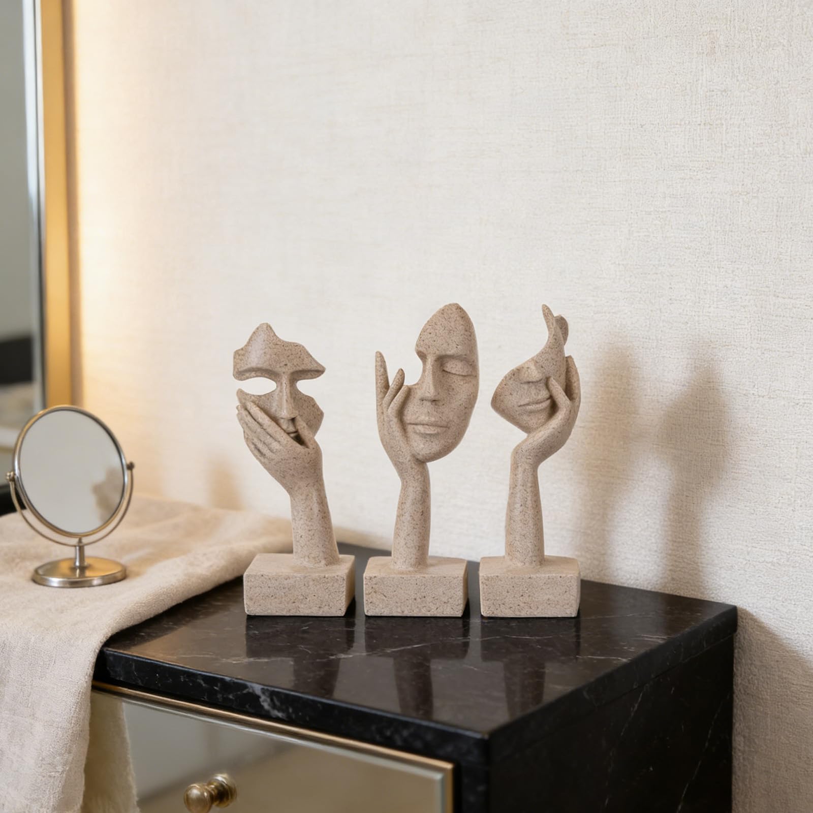 olirum - Set di 3 statue grandi in resina arenaria astratta, per soggiorno, camera da letto, scaffali, scrivania dell'ufficio, tavolino da caffè, regalo per donne (3 pezzi, arenaria, 22,9 cm)