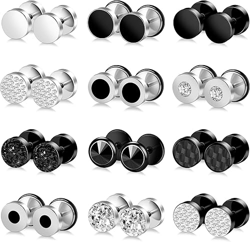 ONESING 12 pares de aretes falsos de calibre para hombres, acero inoxidable, aretes de aro para hombres, aretes redondos, con calibres falsos, para