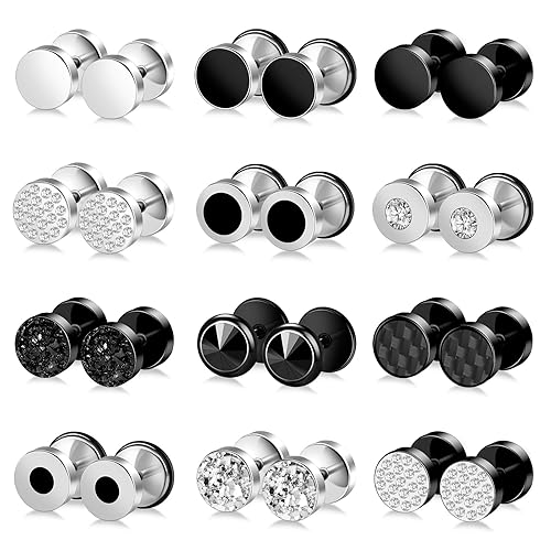 ONESING 12 Pairs Faux Gauge Earrings: Stainless Steel Stud Earrings for Men - Black & Silver