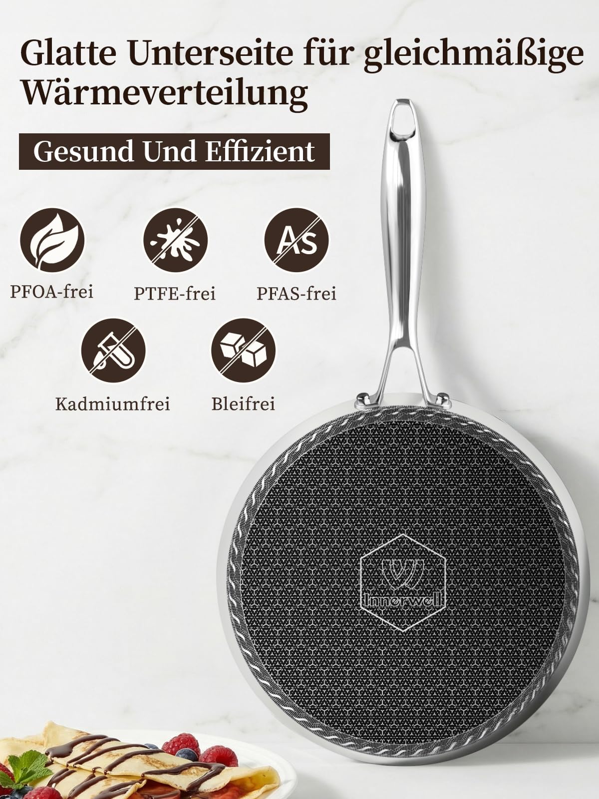 Innerwell 26 cm Crepes Pfanne aus Edelstahl, Pfannkuchenpfanne mit Kratzfeste Antihaftbeschichtung, Omlettpfanne Edelstahlgriff, Schwarz, Induktions Kompatibel，PFOA-frei