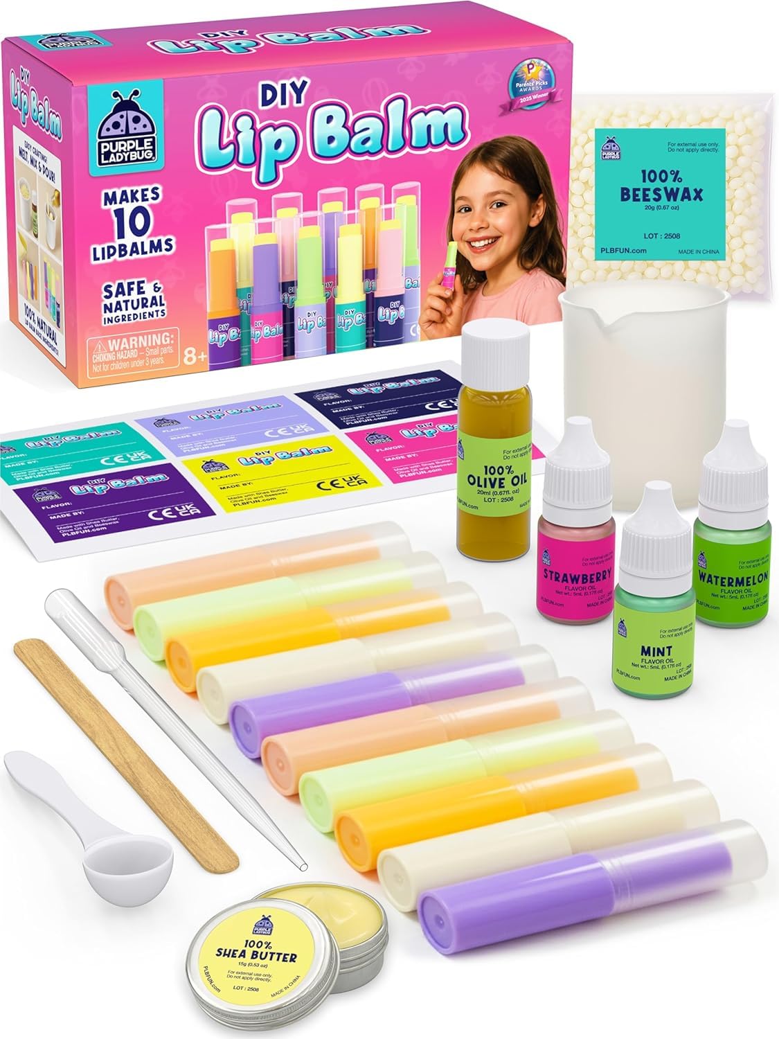 PURPLE LADYBUG DIY Lip Balm Making Kit - Girls Christmas Gift Idea for 8-12 Tweens & Teens, Gifts for 9 Year Old Girls - Natural Lip Care Craft, Make Your Own Lip Balm with 3 Flavors, STEM Science