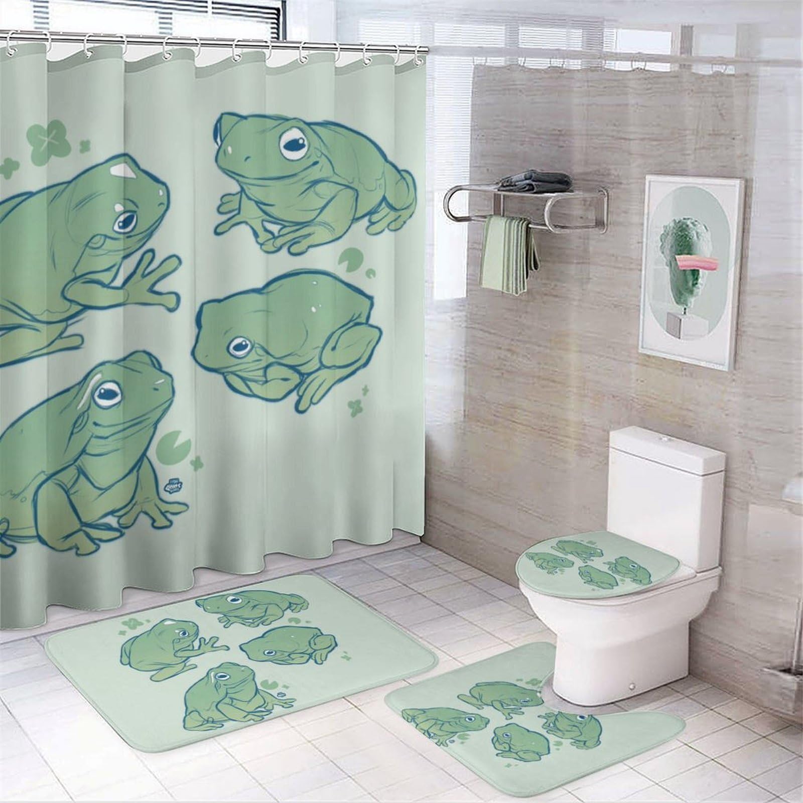 JZemdybill Bathroom Mat Set 4 Piece, Cute Frog Shower Curtain with Non-Slip Bath Mats for Bathroom