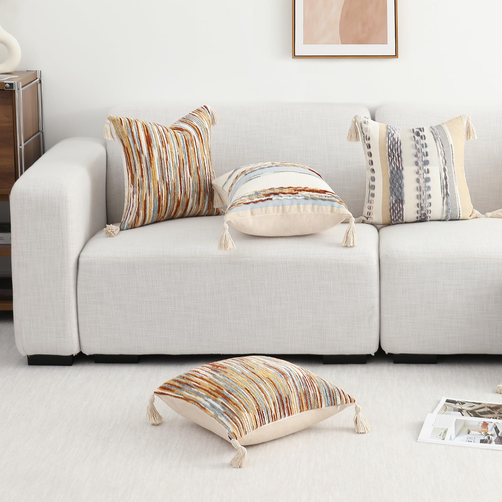 decorUhome Set di 2 federe decorative in ciniglia trapuntate con nappe, 45 x 45 cm, a righe, per divano, letto, divano, ruggine