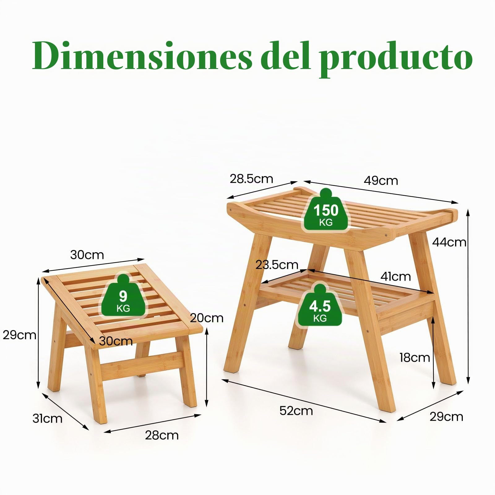Homasis Set de Banco de Ducha de Bambú con Estante de Almacenamiento, Taburete de Ducha de Baño con Antideslizante para Pies, Capacidad de Carga 150 kg, para Adultos, Mujeres Mayores, Ancianos, Interi