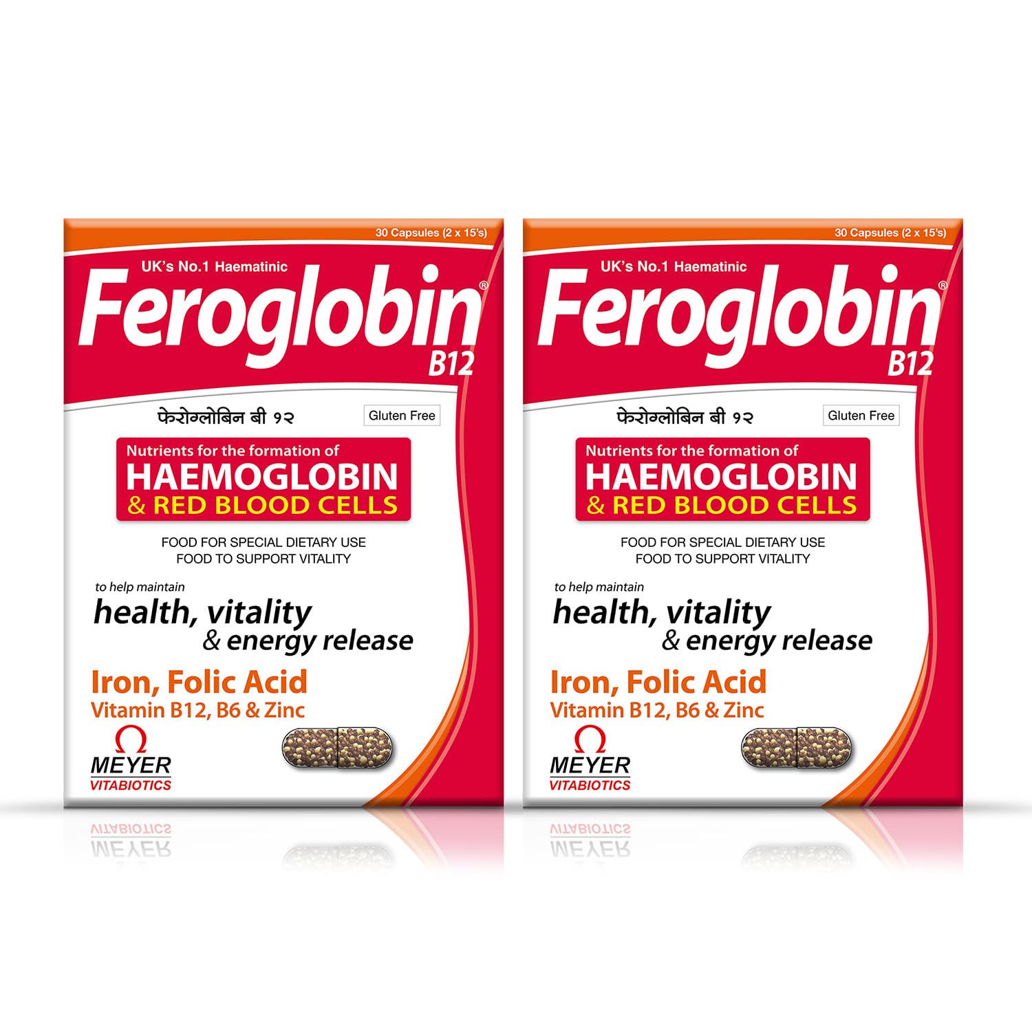 Feroglobin B12 Capsules for Hemoglobin & Red Blood Cell Formation | Iron, Folic Acid, B12, B6 & Zinc | Combo Pack of 2 (30 Capsules Each)