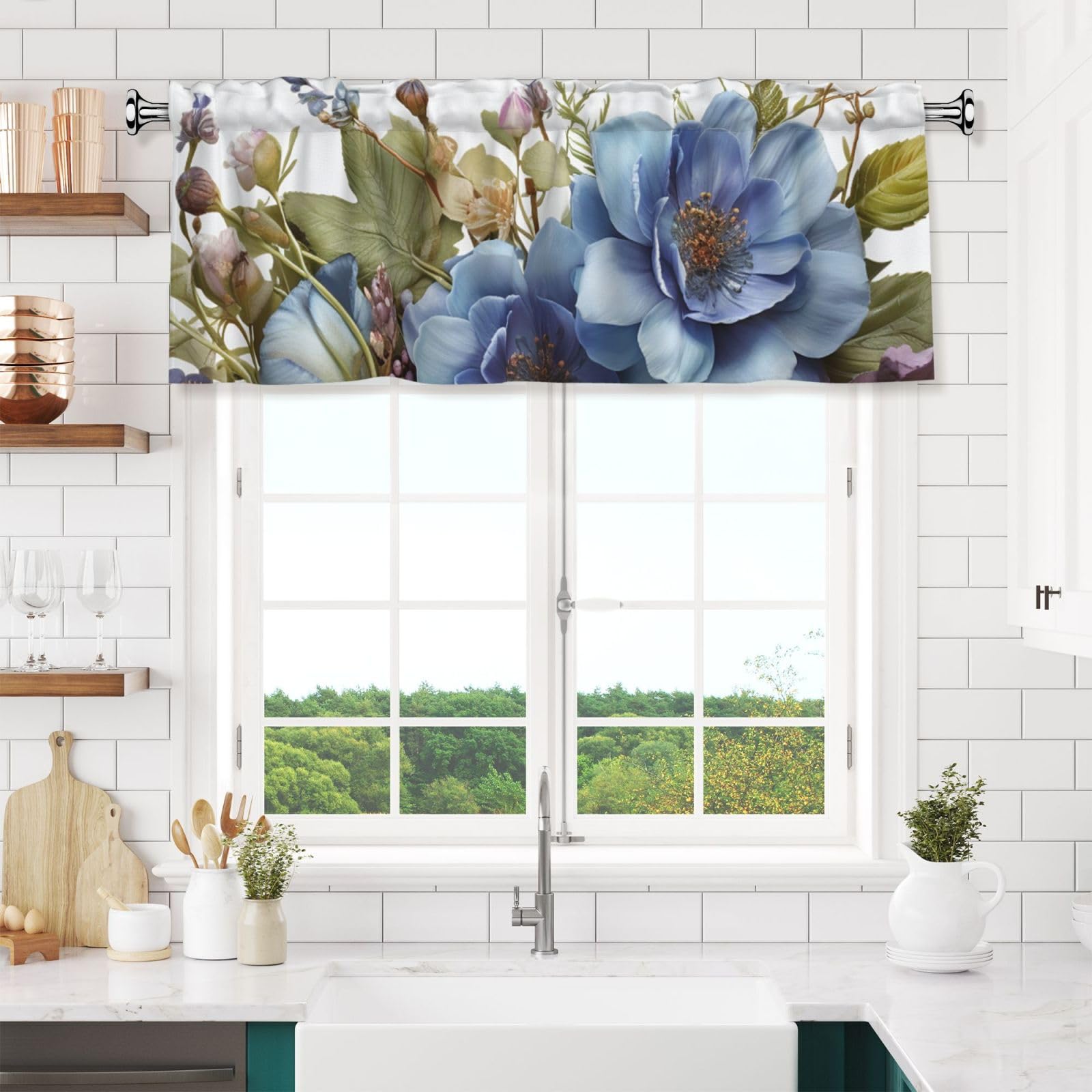 Blue flowers and dragonfly Valances for Windows Short Curtains Rod Pocket Cafe Window Treatments Valance Curtains for Kitchen Bathroom Laundry Basement Windows 54x18inch Blackout Window Valance