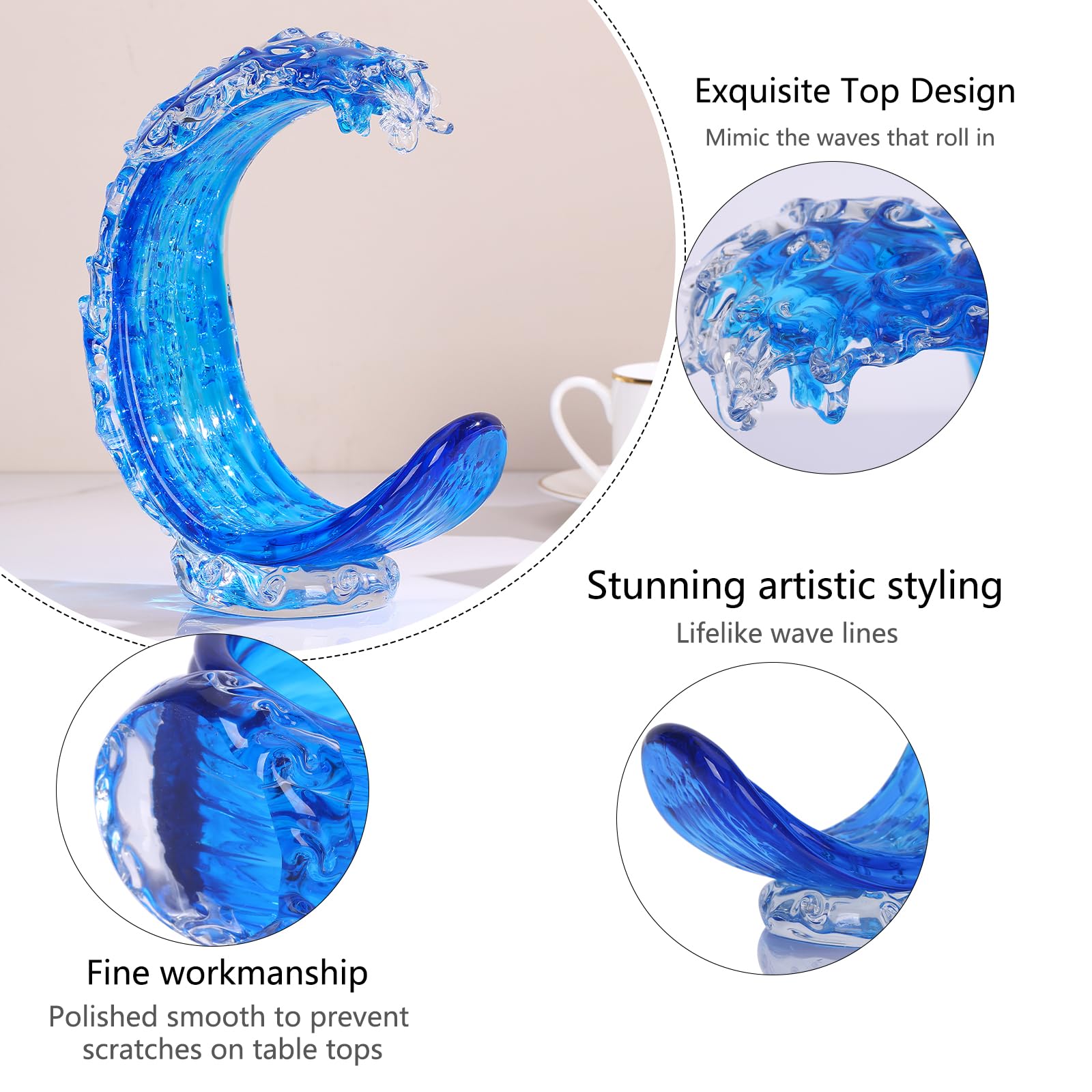 LCCCK Décoration de maison de plage en verre bleu soufflé à la main, grande sculpture en verre bleu pour décoration d'intérieur, figurines d'art fusionnées pour l'art de la mer, la plage, le littoral