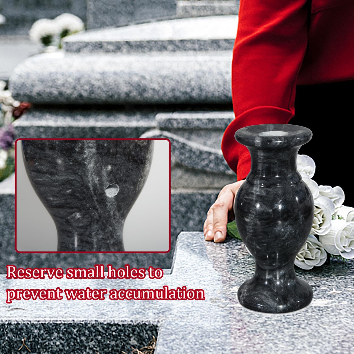 Cemetery Vase, Natural Marble Vases Flower Vases with Draining Holes for Indoor Outdoor Cemetery Memorial Grave Decorations (2 Pieces, Black)
