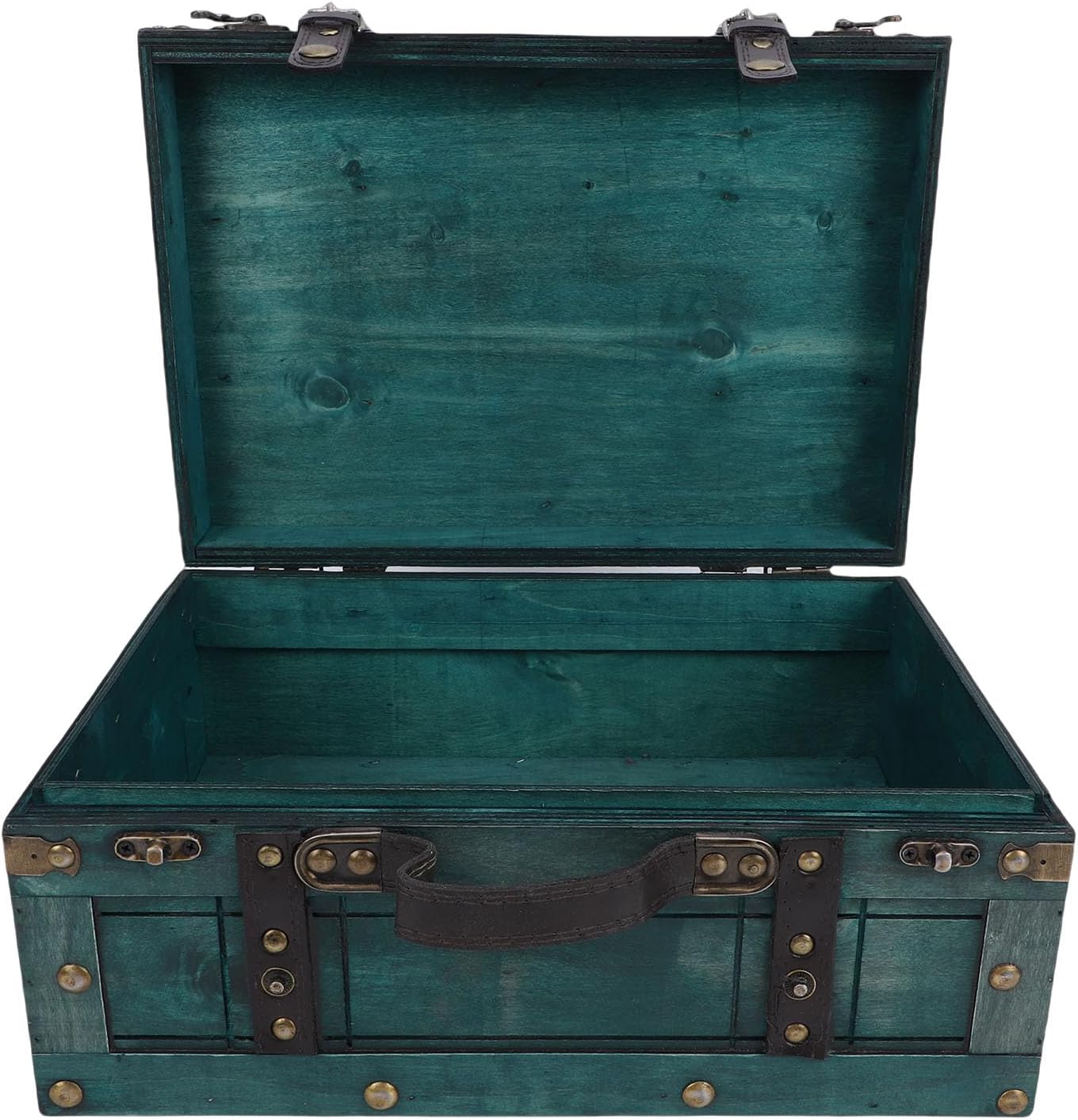 Vintage Storage Trunk, 13.6 x 9.4 x 6.1in Decorative Trunk, Multifunctional Textured PU Leather Handle Wooden Suitcase for Home Jewelry Collection Photography Prop (Retro Green Large)