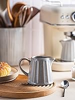 Vista 5 de Jarra de cerámica para crema, recipiente para crema con asa, jarra de leche pequeña de 10 onzas para café, salsas, ensalada, gris