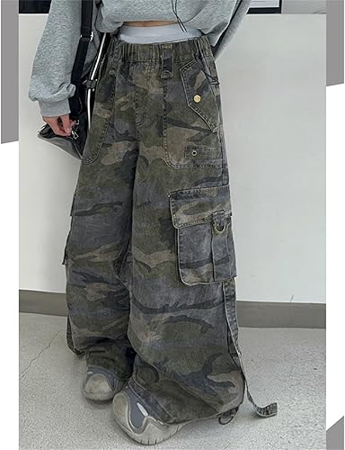 Girls Camouflage Overalls Trousers High Elastic Waist Wide Leg Cargo Pants Multiple Pocket Baggy Hip Hop Joggers(Ag,9-10 Years)