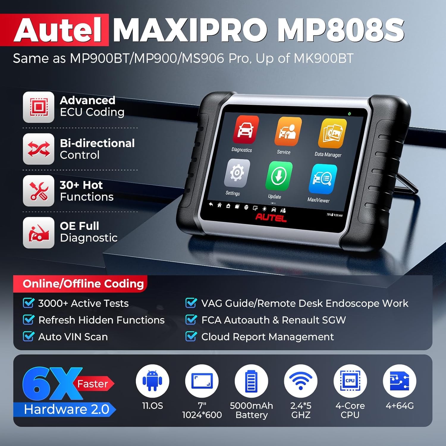 Autel MaxiPRO MP808S OBD2 Diagnosegerät Auto, 2026 KFZ Scanner mit 2 Jahren Updates(650€), ECU Codierung wie MP900-BT MS906PRO, 31+ Dienst, 3K+ Bidirektionaler Tests, Up von MX900 MP808BT PRO MK900BT