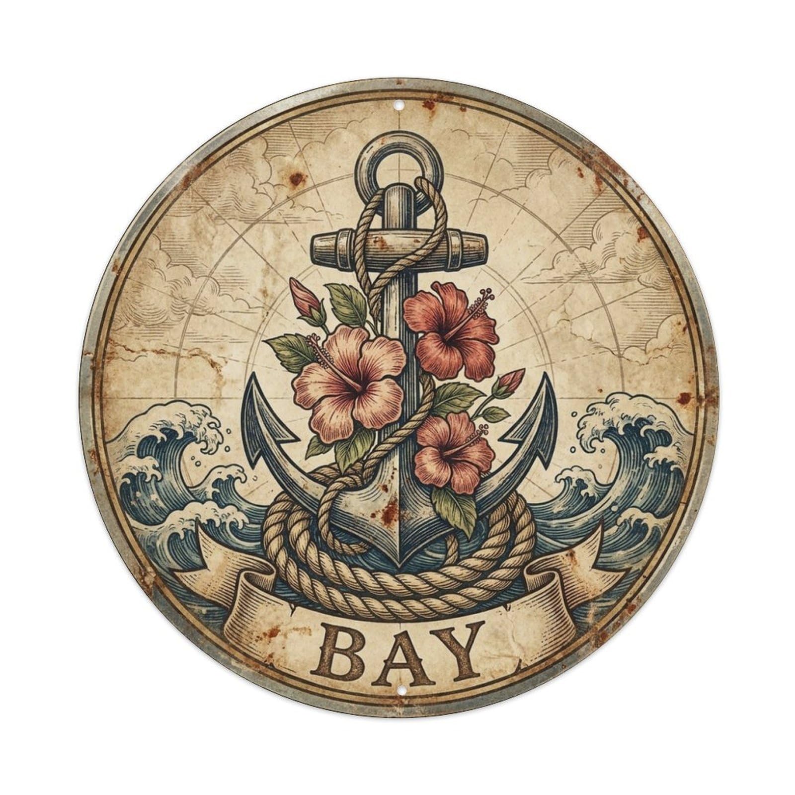 Bay Hibiscus Anchor High Seas Crest Maritime Metal Tin Sign