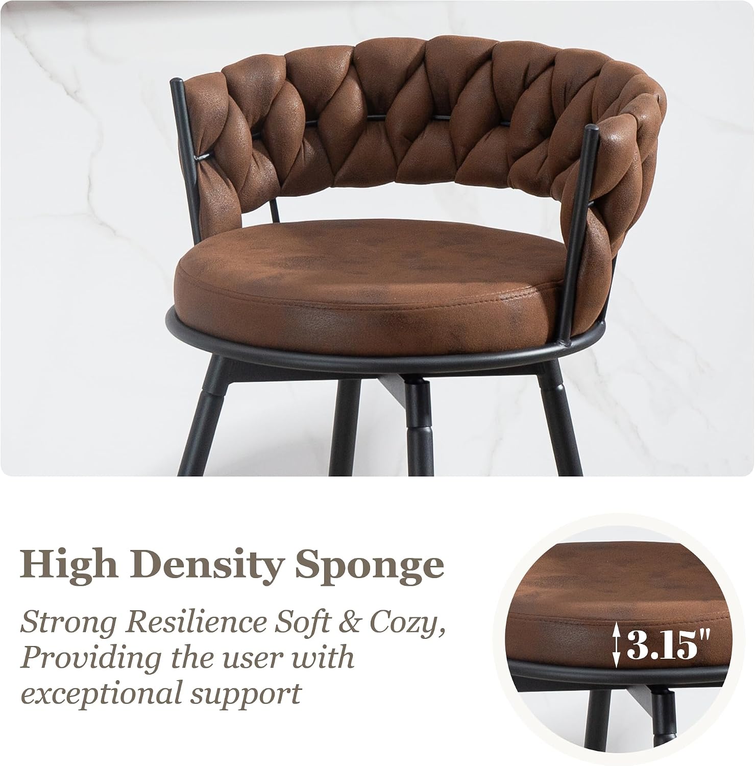 Swivel Bar Stools Set of 2, 24 Inches Modern Counter Height Bar Stools with Woven Back, Upholstered Suede Tall Barstools for Kitchen Island, Cafe, Dark Brown
