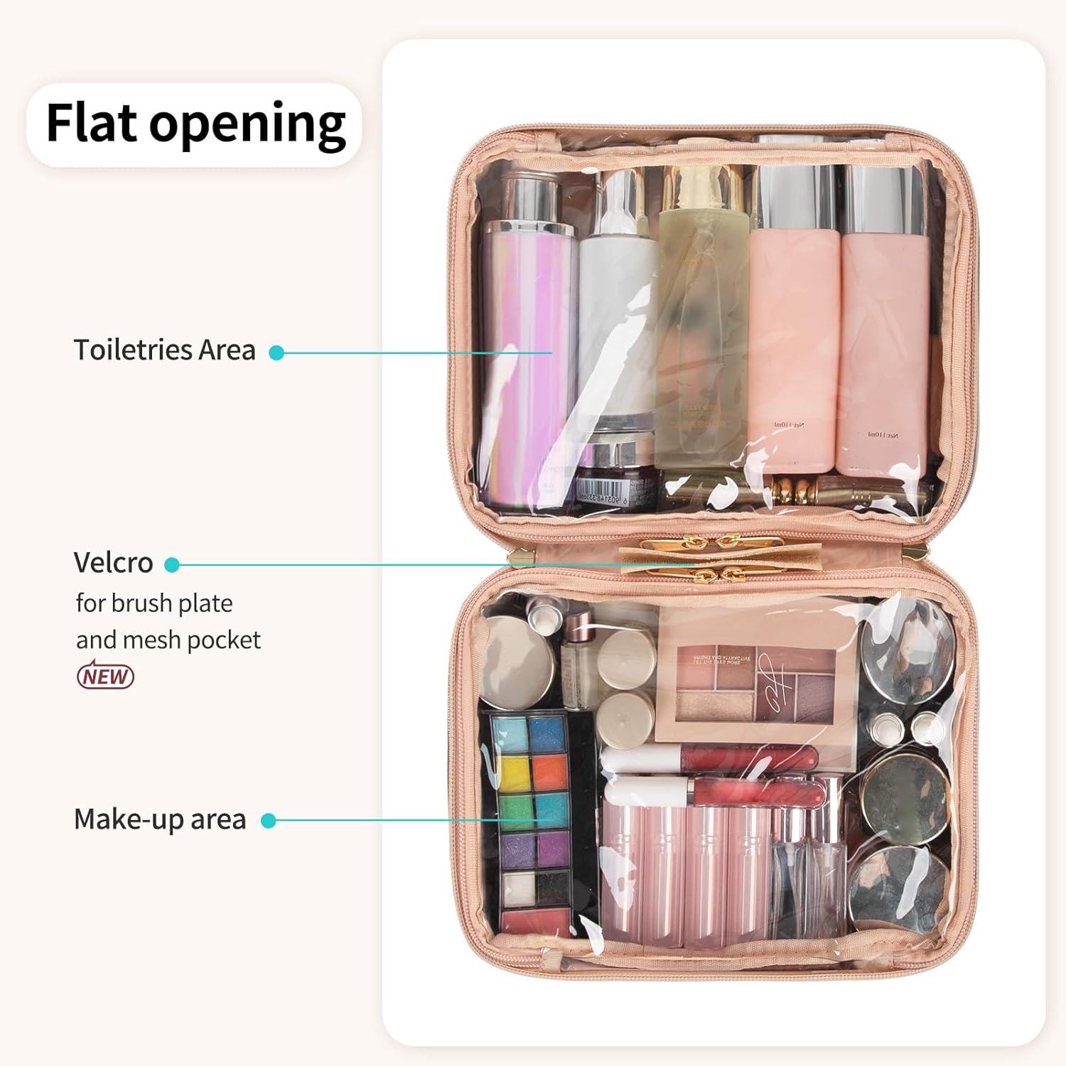 OCHEAL Makeup Bag, Makeup Travel Bag Large Capacity Cosmetic Organizer with Makeup Brush Compartment & Handle for Women Girls Travel Toiletry Accessories-Rose Gold - Image 2