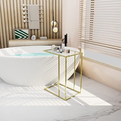 Miniatura 6 de Juego de 2 mesas auxiliares en forma de C, mesa de sofá para espacio pequeño, mesa auxiliar de vidrio templado con marco de metal para sala de