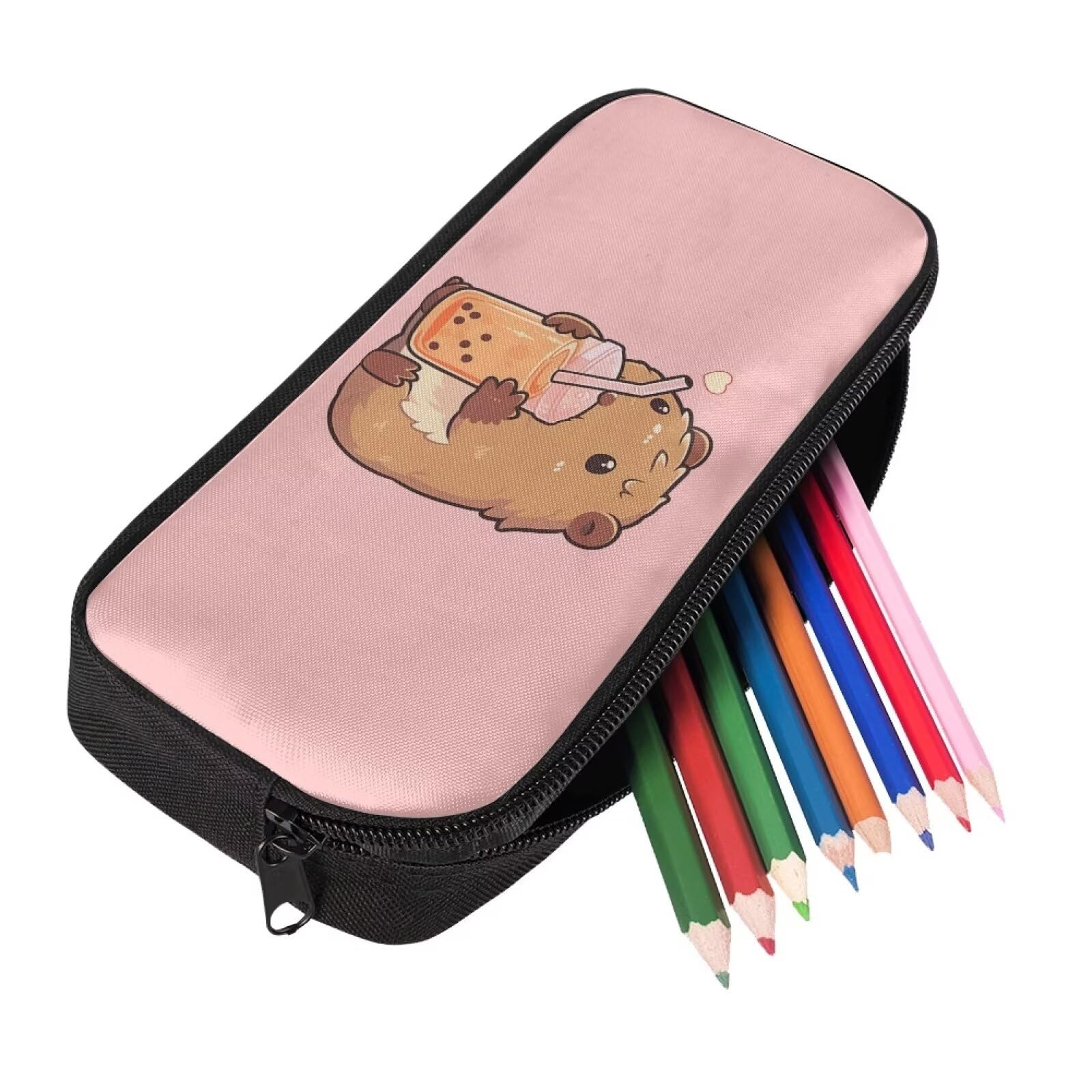 Showudesigns Capybara Pencil Cases for Girls School Supplies Stationery Pens Bag Childrens Coin Purse Hamster with Milk Tea Designs Pink - Image 2