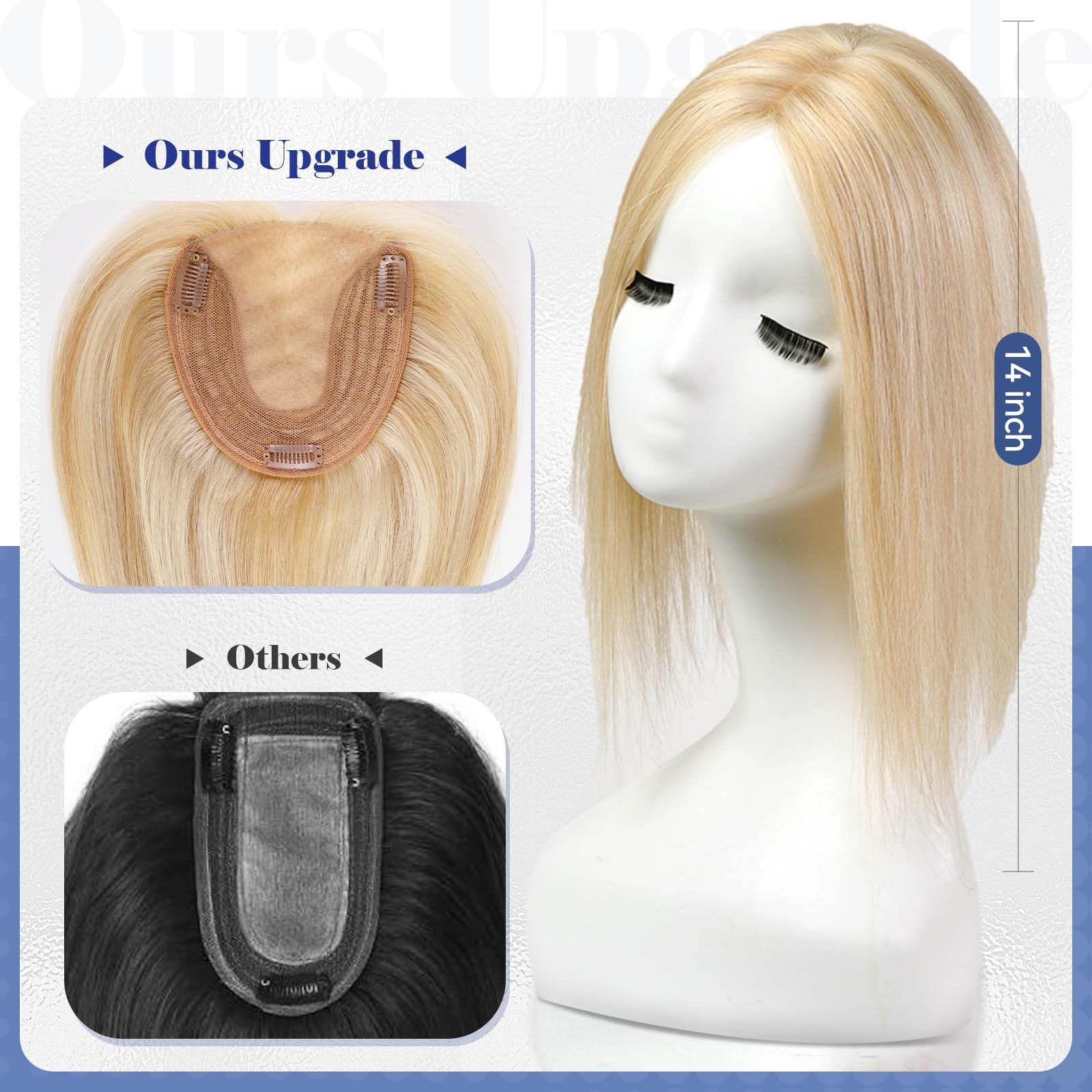 HAIRCUBE Echthaar-Haarteil ohne Pony für Damen，5x5,5 Zoll Basis，14 Zoll Hellblond & Platinblond，zur Deckung von grauen Ansätzen und dünner werdendem Haar