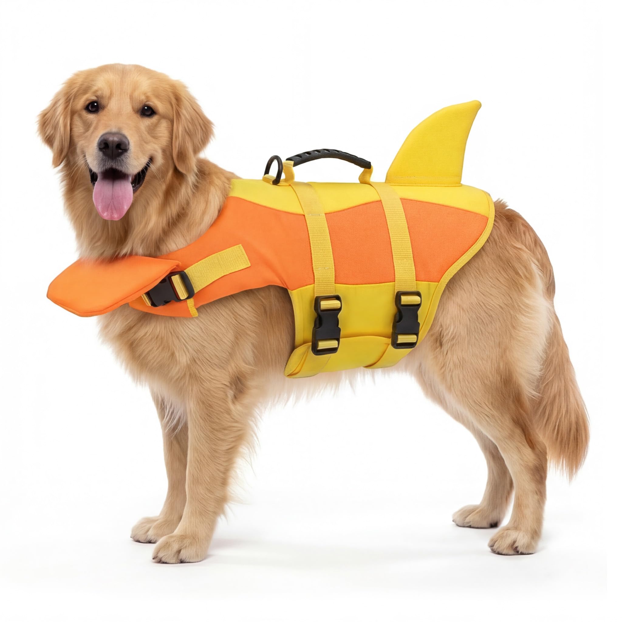 Zunea Dog Life Jackets with Handle, Shark Life Vest for Swimming Adjustable Pet Buoyancy Aid Safety Swimwear with D-Ring Flotation Saver for Large Dogs for Outdoor Beach Pool Yellow XXL