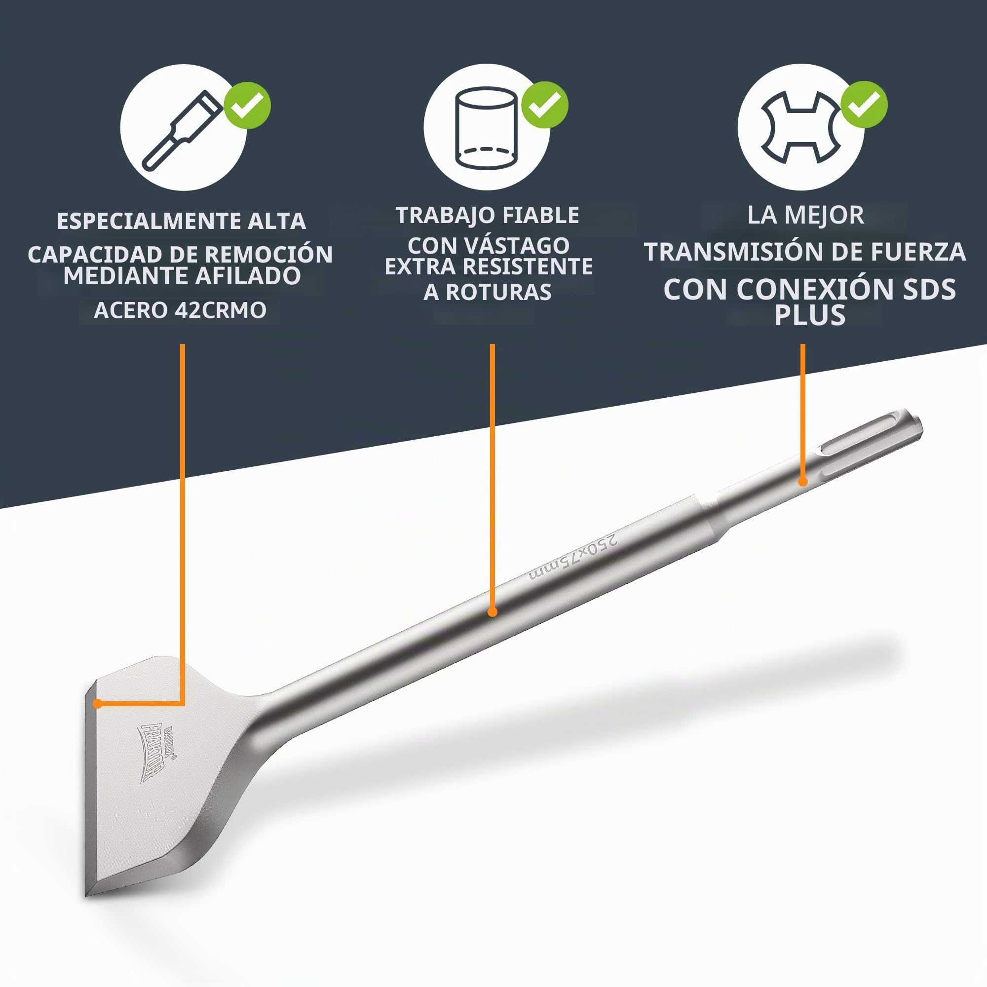 BAURIX® Cincel para Azulejos SDS Plus [250x75 mm] I FRAKTOR®-Sistema - Eliminación Rápida de Baldosas I Cincel Plano Inclinable para Azulejos y Adhesivo I Acero Especial 42CrMo