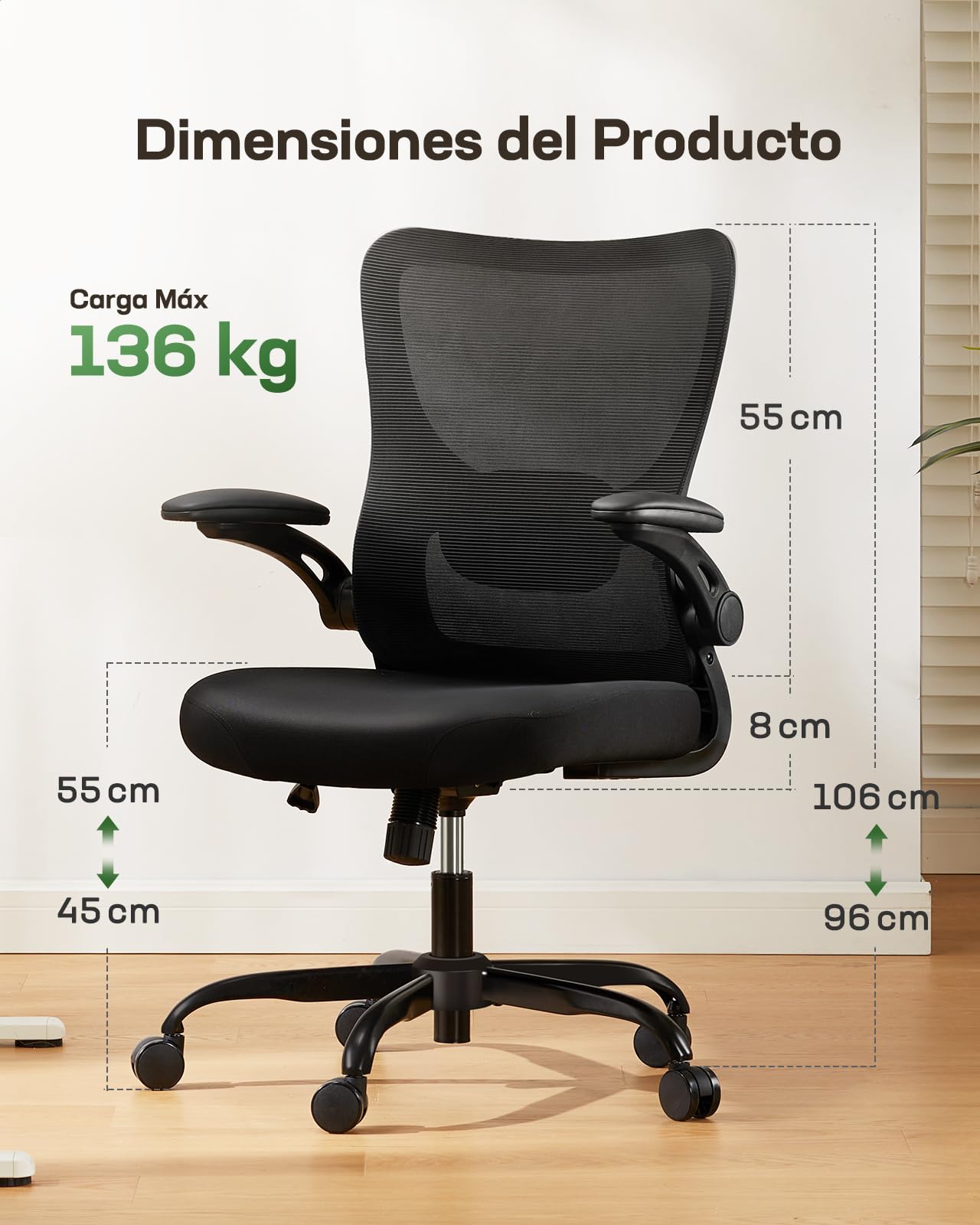 Marsail Silla Escritorio Ergonomica: Silla Oficina de Computadora con Respaldo Alto de Malla y Soporte Lumbar Ajustable Silla Giratoria para Tareas Trabajo con Ruedas, Reposabrazos 3D