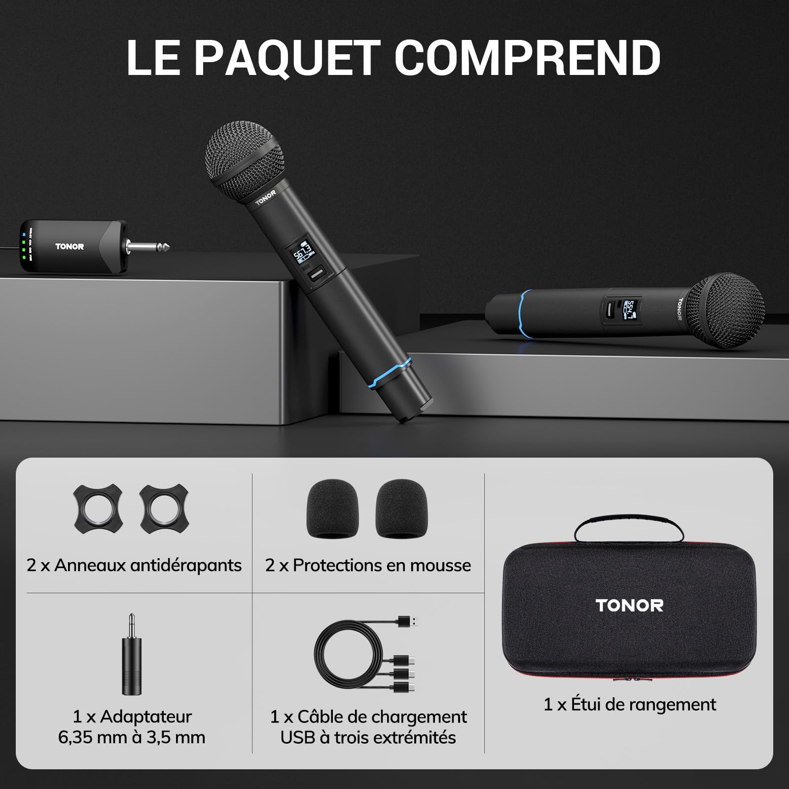 TONOR Micro sans Fil Professionnel, Système de Microphone Rechargeable Bluetooth, Micro Dynamique en Métal UHF 2x25 pour Karaoké, Eglise, Chant, Mariage, Réunion, Appairage Automatique, 100 M, TW720