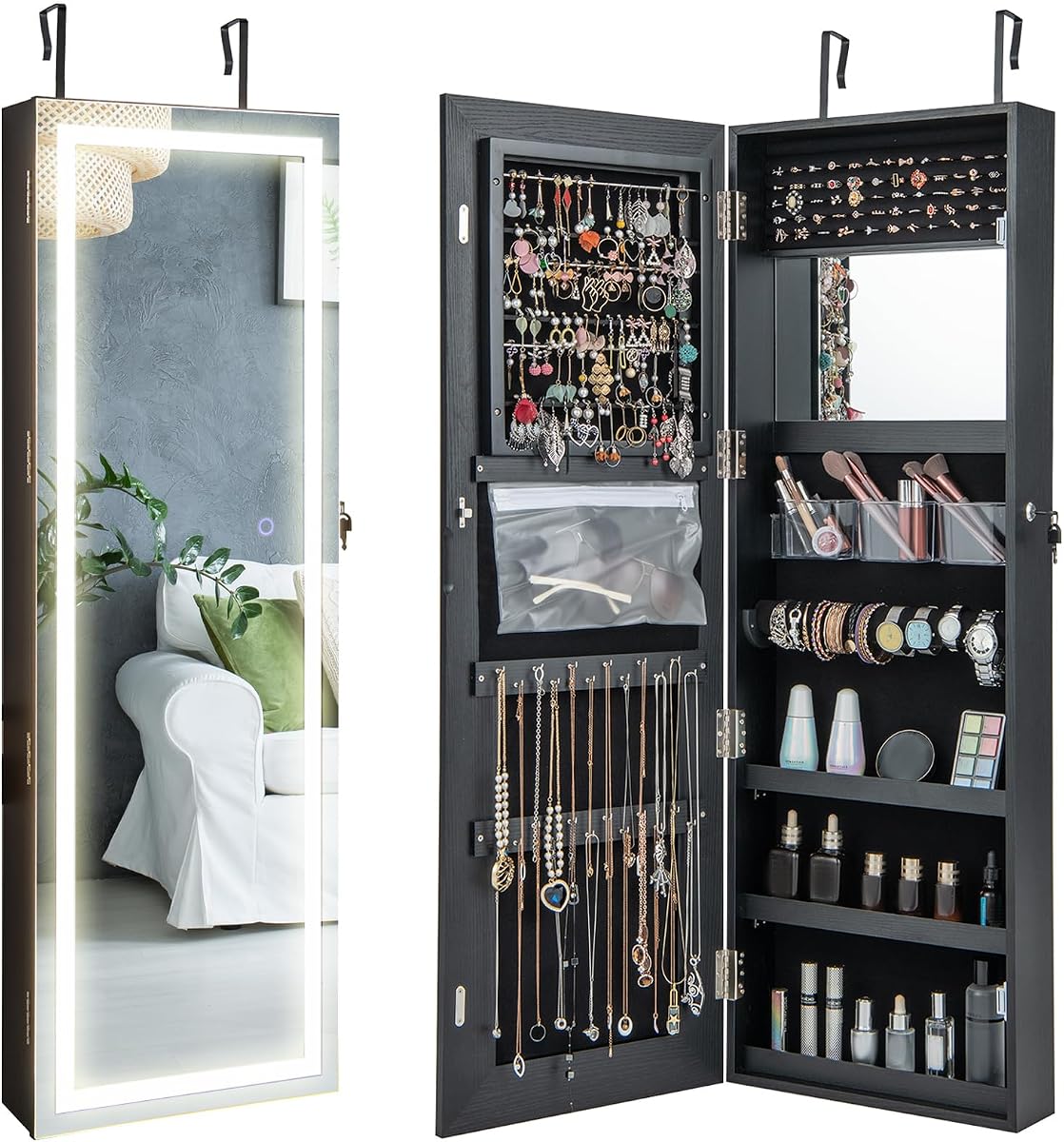 CHARMAID LED Mirror Jewelry Cabinet, 47.2'' Jewelry Armoire with Adjustable Lighted Full Length Mirror, Wall Mounted or Door Hanging, Lockable Jewelry Organizer Storage (Black, 47.2''H)