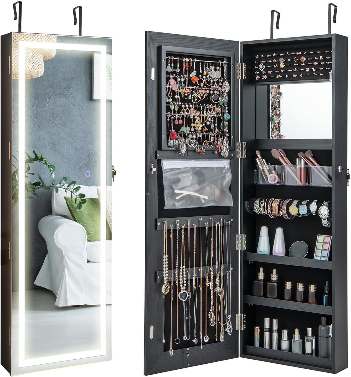 CHARMAID LED Mirror Jewelry Cabinet, 47.2'' Jewelry Armoire with Adjustable Lighted Full Length Mirror, Wall Mounted or Door Hanging, Lockable Jewelry Organizer Storage (Black, 47.2''H)