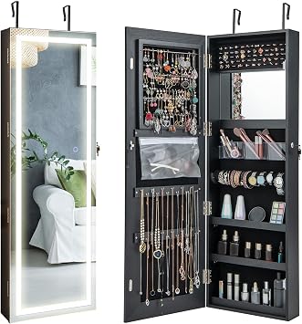 CHARMAID LED Mirror Jewelry Cabinet, 47.2 Jewelry Armoire with Adjustable Lighted Full Length Mirror, Wall Mounted or Door Hanging, Lockable Jewelry Organizer Storage Black, 47.2H