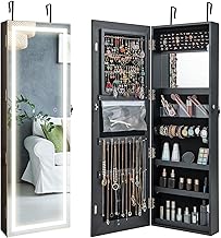 CHARMAID LED Mirror Jewelry Cabinet, 47.2'' Jewelry Armoire with Adjustable Lighted Full Length Mirror, Wall Mounted or Door Hanging, Lockable Jewelry Organizer Storage (Black, 47.2''H)