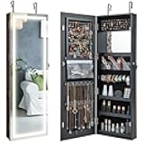 CHARMAID LED Mirror Jewelry Cabinet, 47.2'' Jewelry Armoire with Adjustable Lighted Full Length Mirror, Wall Mounted or Door Hanging, Lockable Jewelry Organizer Storage (Black, 47.2''H)