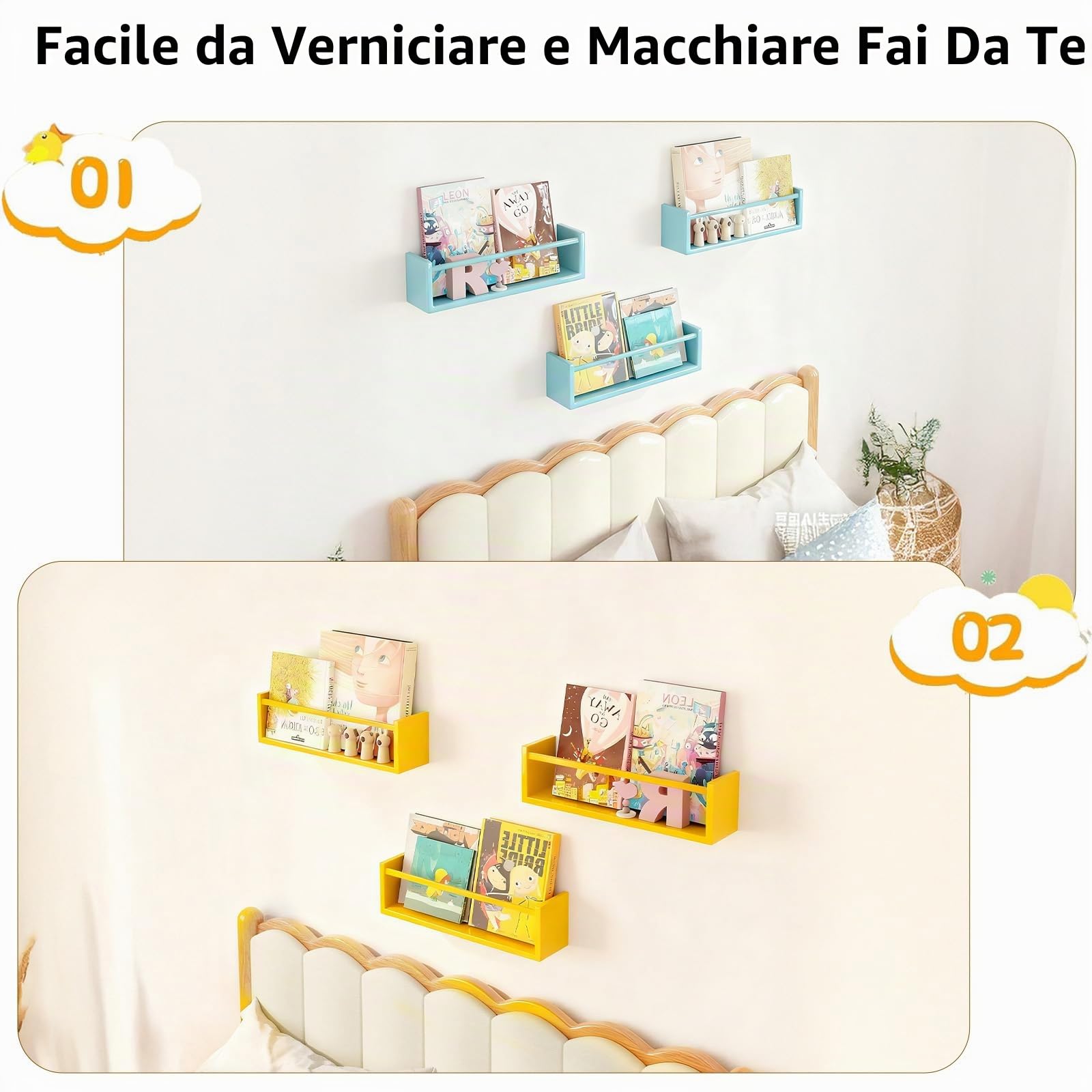 Set di 3 mensole per la cameretta, mensole da parete sospese, mensole a parete in legno con bordo, mensole sospese per libri, mensole per cameretta
