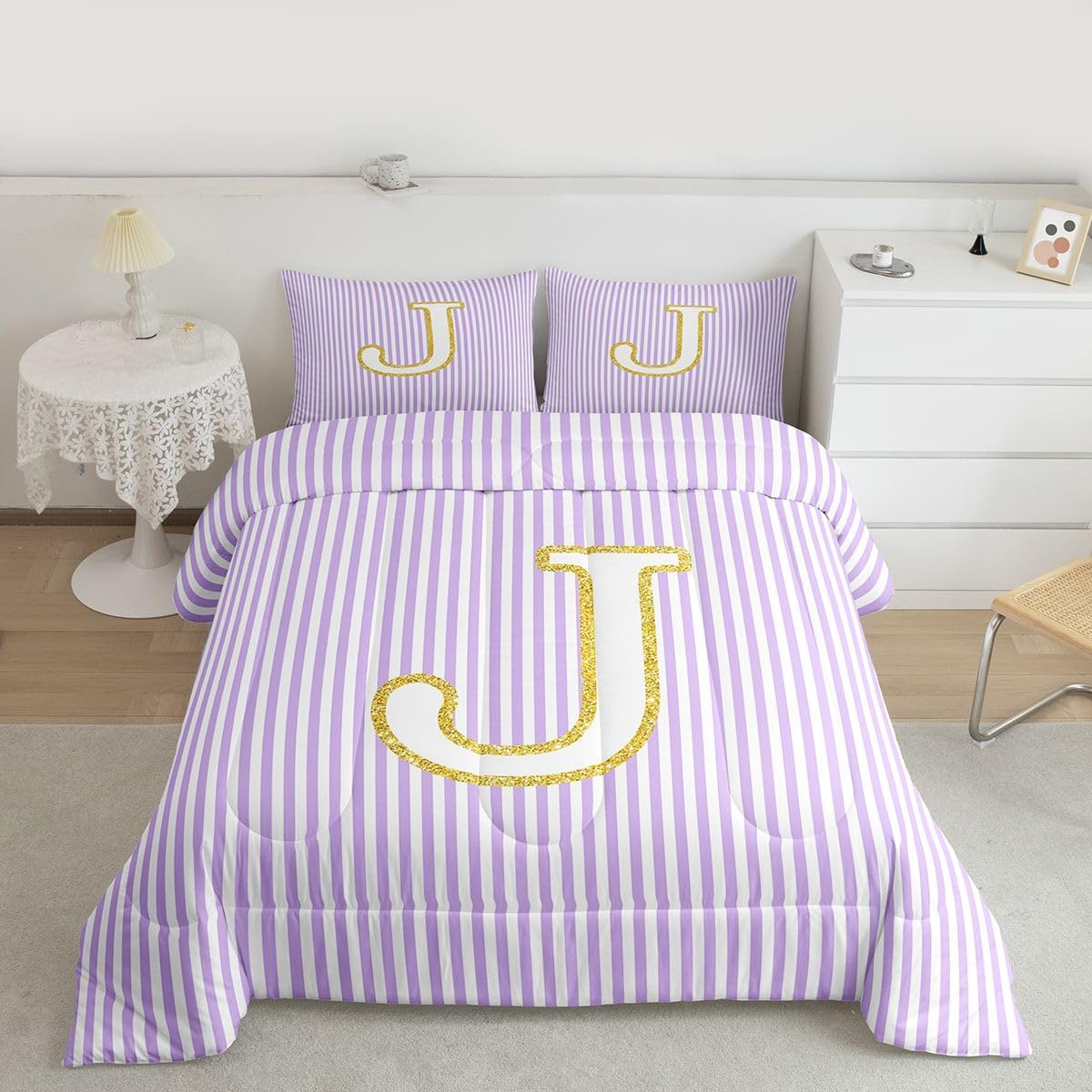 jejeloiu Initial Letter J Comforter Set All Season Purple White Striped Bedding Set with 1 Pillow Cases Monogram Alphabet Microfiber Kids Twin Bedclothes Stripes Bedroom Decor Duvet Quilt Soft