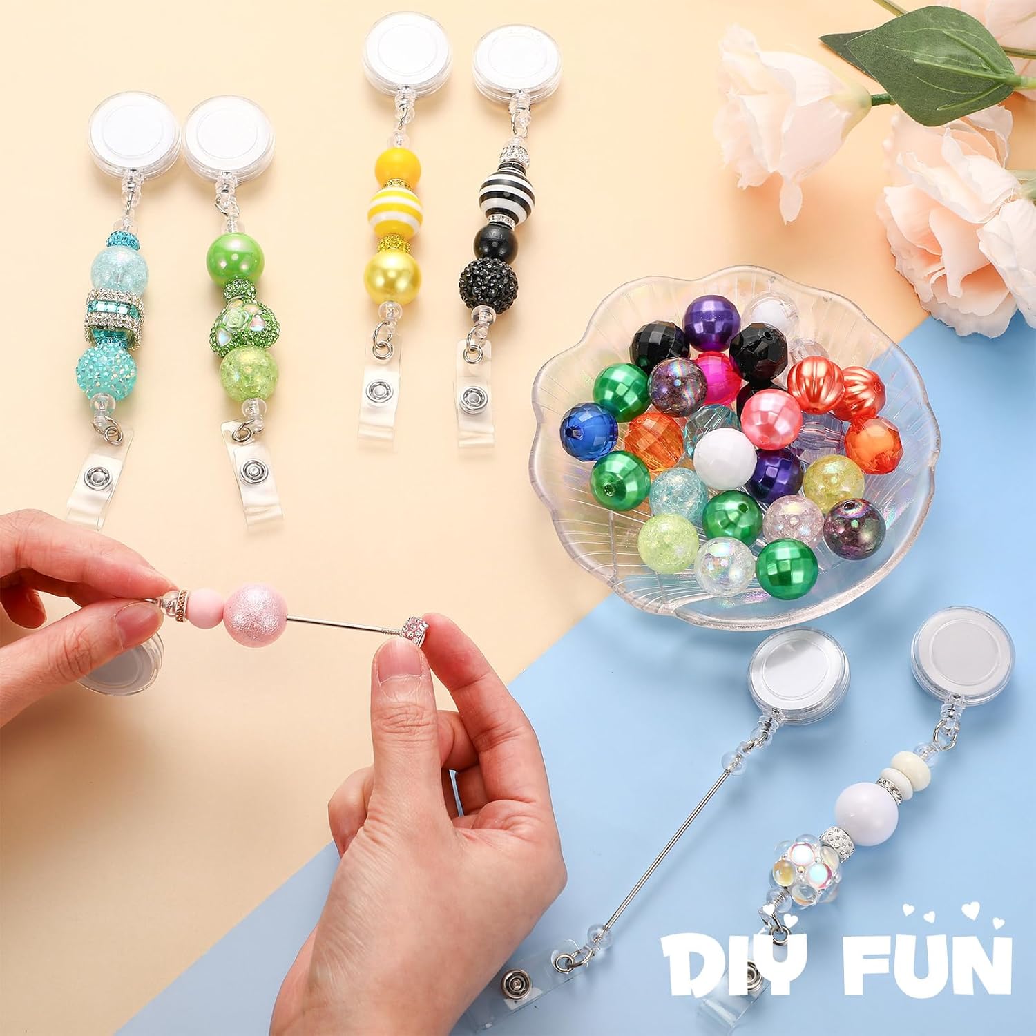 Sayglossy 50 Pcs Beadable Badge Reel Retractable Clips Holder for Beads Bulk Blank Bar ID Name Badge Reels with Belt Clip Beadable Items for Nurse Teacher Office Jewelry DIY Gift