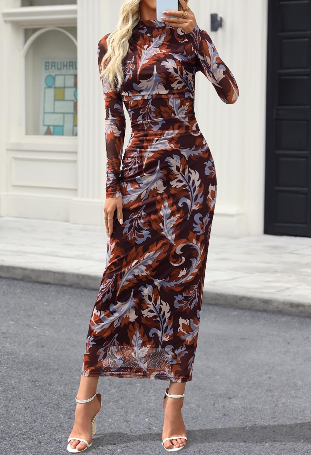 MEROKEETY Women's Spring Wedding Guest Dress 2026 Long Sleeve Bodycon Floral Mesh Fall Cocktail Holiday Party Maxi Dresses