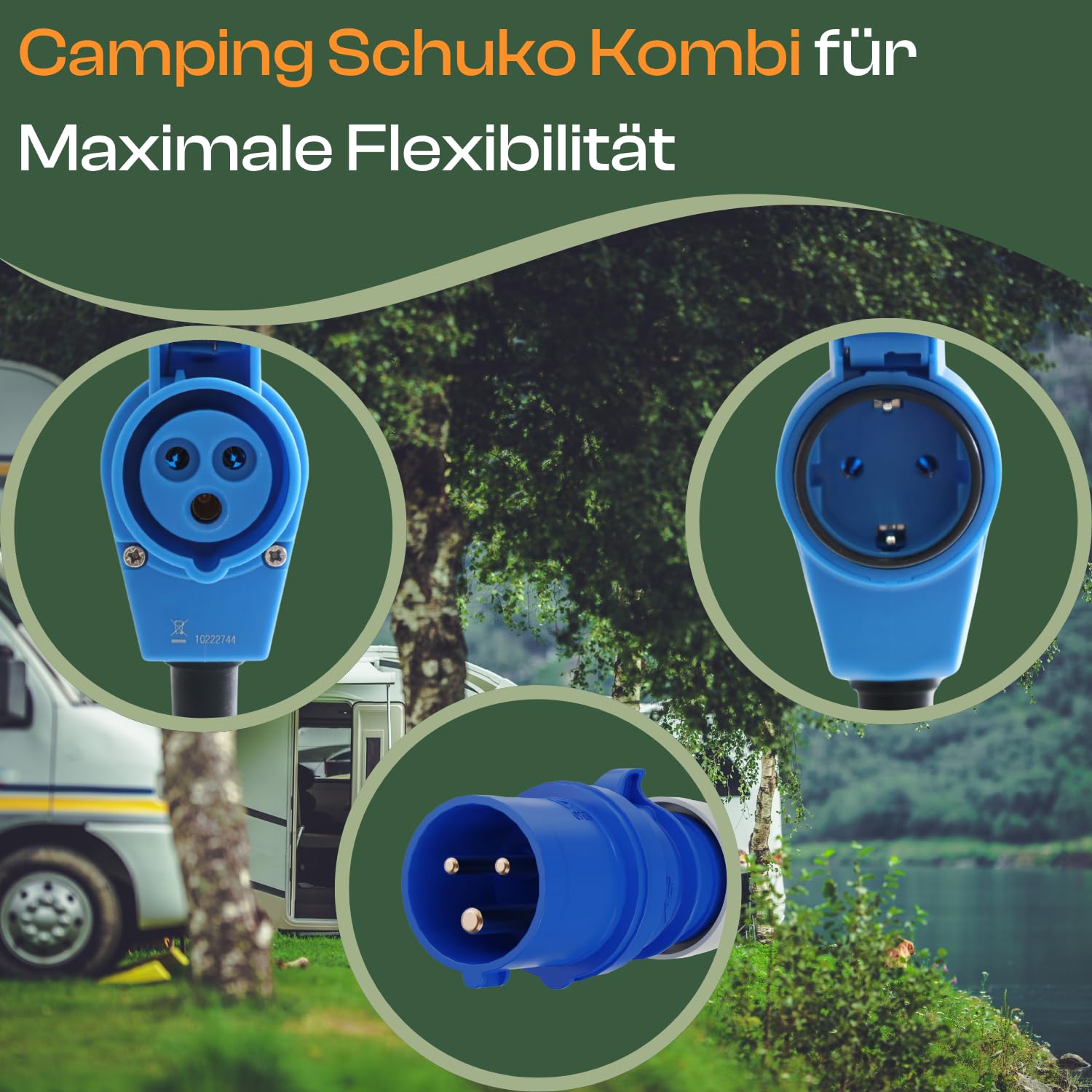 maxgo Camping Adapter CEE mit Schuko Steckdose – 30 m H07BQ-F PUR Kabel | 3x2,5 mm², IP44 Winkelkupplung für Wohnmobil, Wohnwagen, Caravan, Festival und Zeltplatz