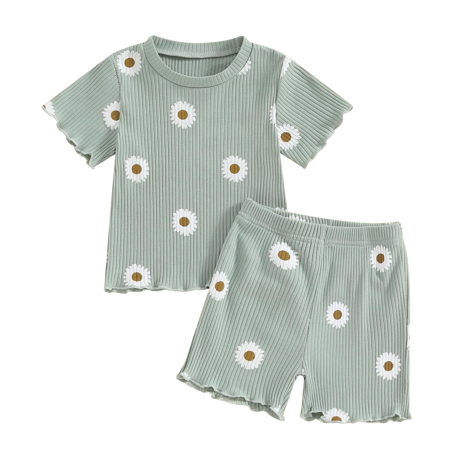Toddler Baby Girls Summer Outfits Floral Ruffle Short Sleeve T-Shirts Tops Elastic Shorts Infant 2Pcs Clothes Set (Green-Ribbed Daisy, 3-4 Years)