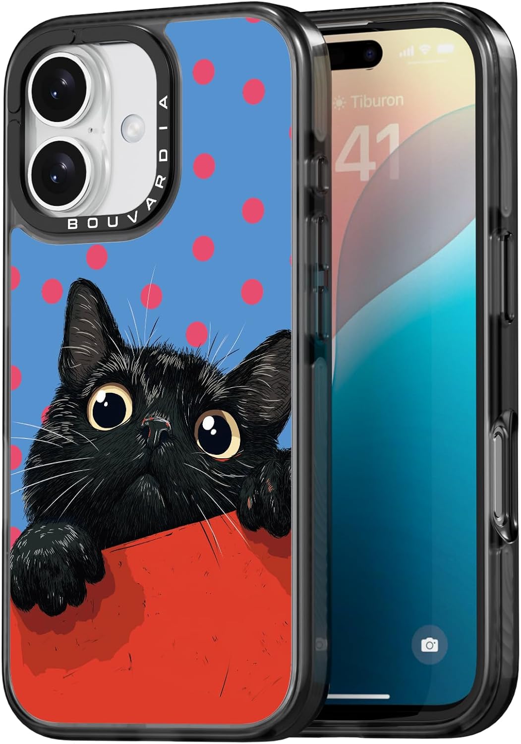 Bouvardia for iPhone 16 Case, Cute Design for Women & Girls, Protective & Aesthetic, Gray Bumper - Cat & Polka Dots