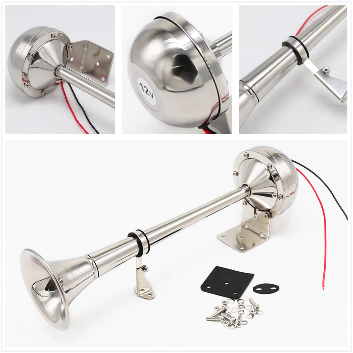 Car Horn Cuerno de coche 12V Cuerno de trompeta de barco marino Cuerno de camión 160DB acero inoxidable 304 Cuerno de coche eléctrico Plata con soporte de montaje Acero inoxidable