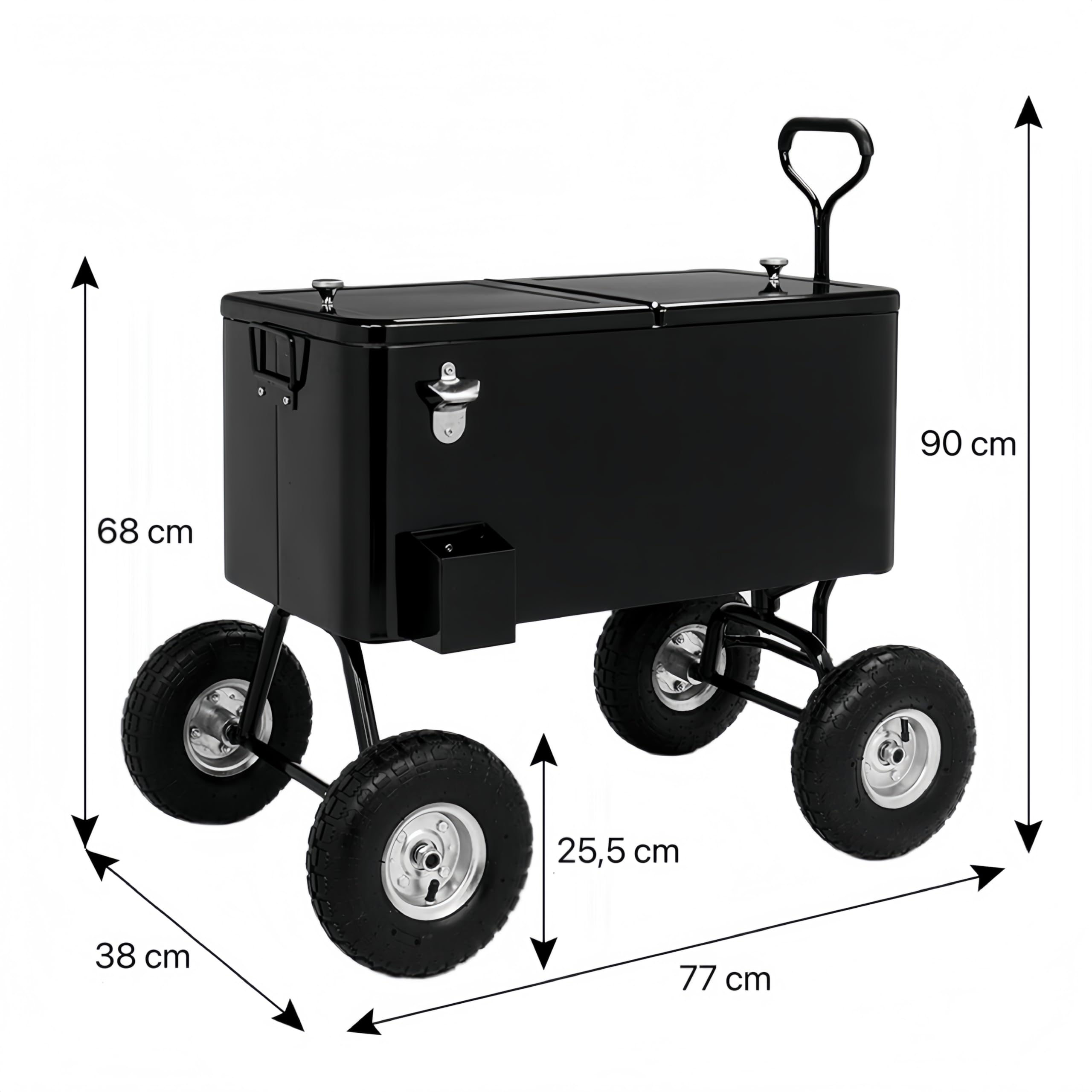 Bonnlo 76L Carrito de servir con ruedas, enfriador de bebidas, carro refrigerador portátil con abridor de botellas, desagüe y ruedas, nevera ideal para jardín, terraza, camping y playa, 77 x 38 x 90