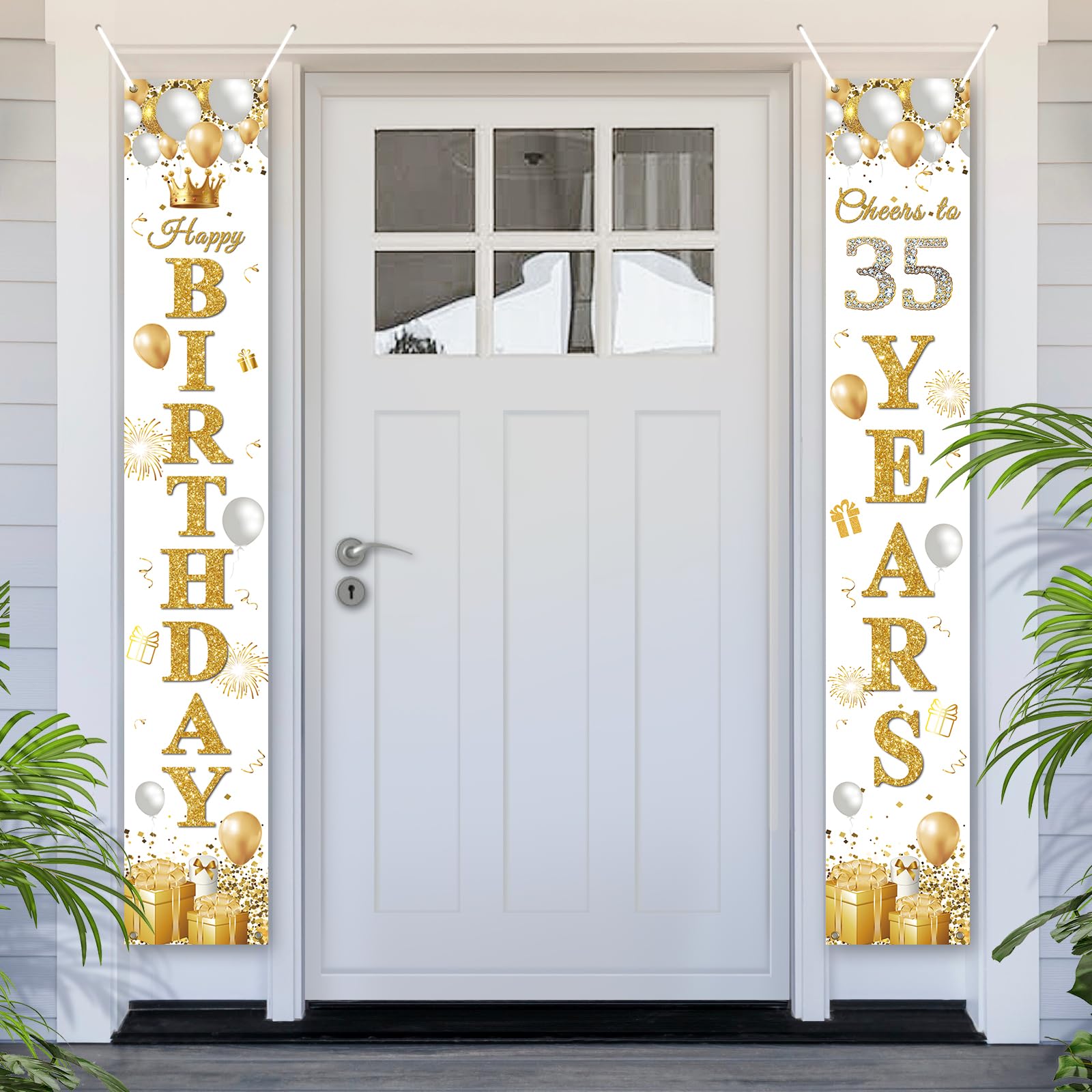 PartyYaa 35th Birthday Banner, 35th Birthday Door Banner Decorations, Party Photo Booth Background Door Decor Sign Poster for Men Women (White Gold)
