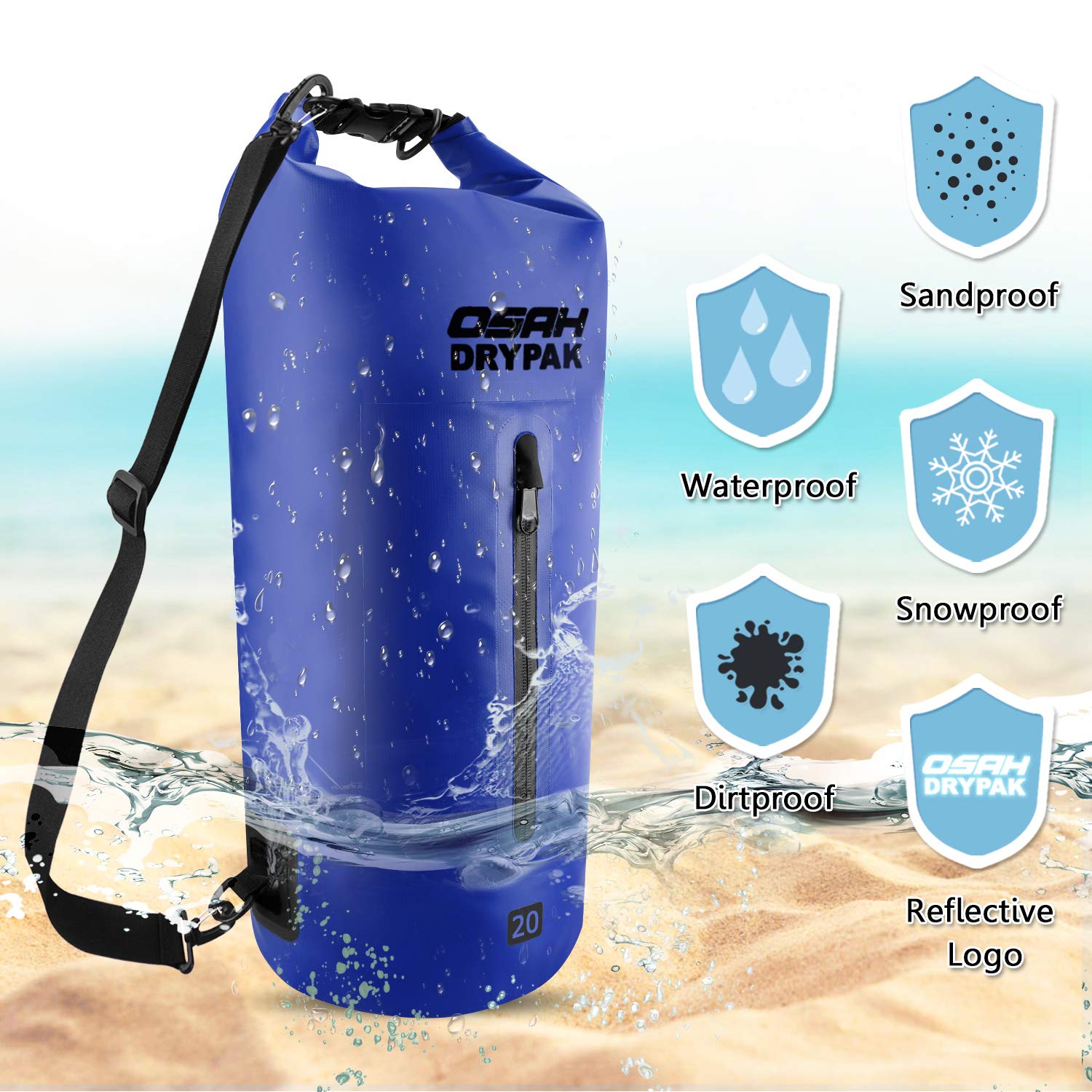 OSAH DRYPAK Borse Impermeabile Sacca Dry Bag 5L 10L 15L 20L 30L con Tracolla Regolabile per Spiaggia Sport d'Acqua Trekking Kayak Canoa Pesca Rafting Nuoto Campeggio