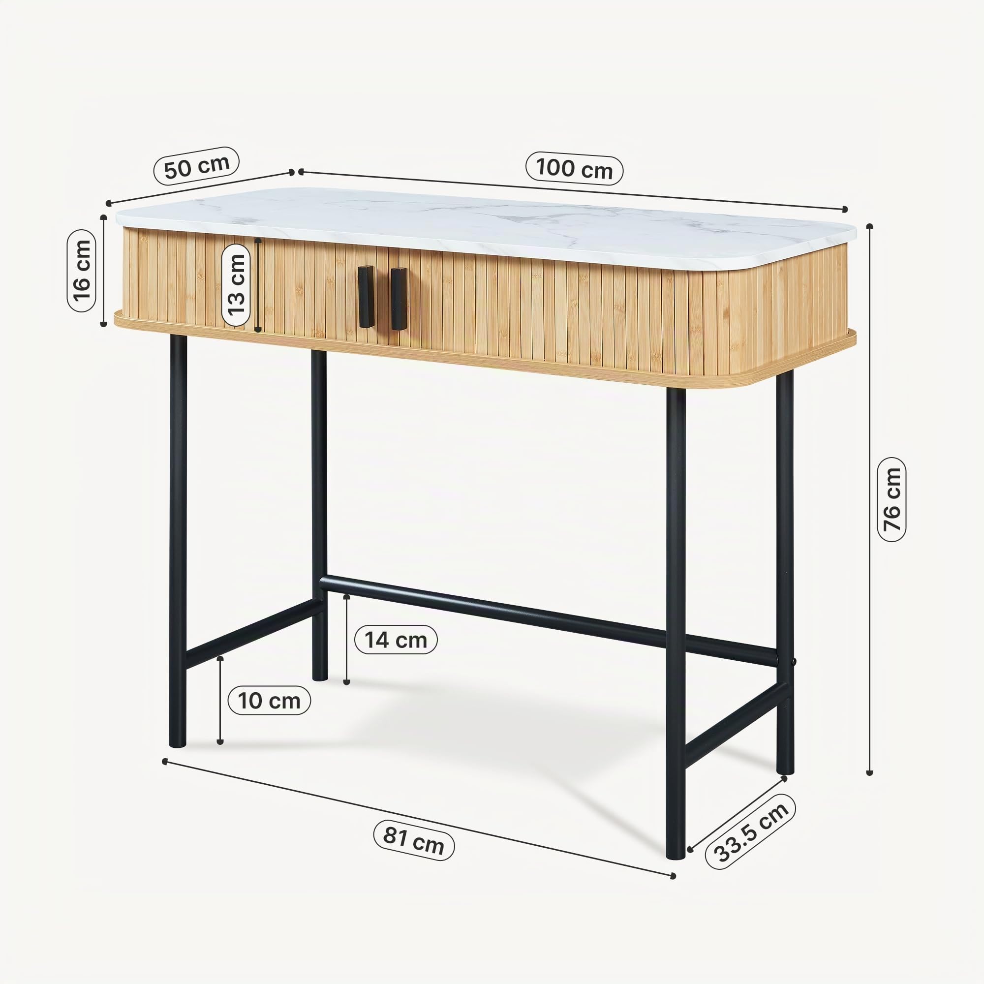 [en.casa] Consola Tvedestrand Versátil Mueble Recibidor Mesa de Entrada con 2 Compartimentos Cerrados Estable Diseño Atractivo Bambú Metal 100 x 50 x 76 cm - Mármol Blanco/Efecto Madera