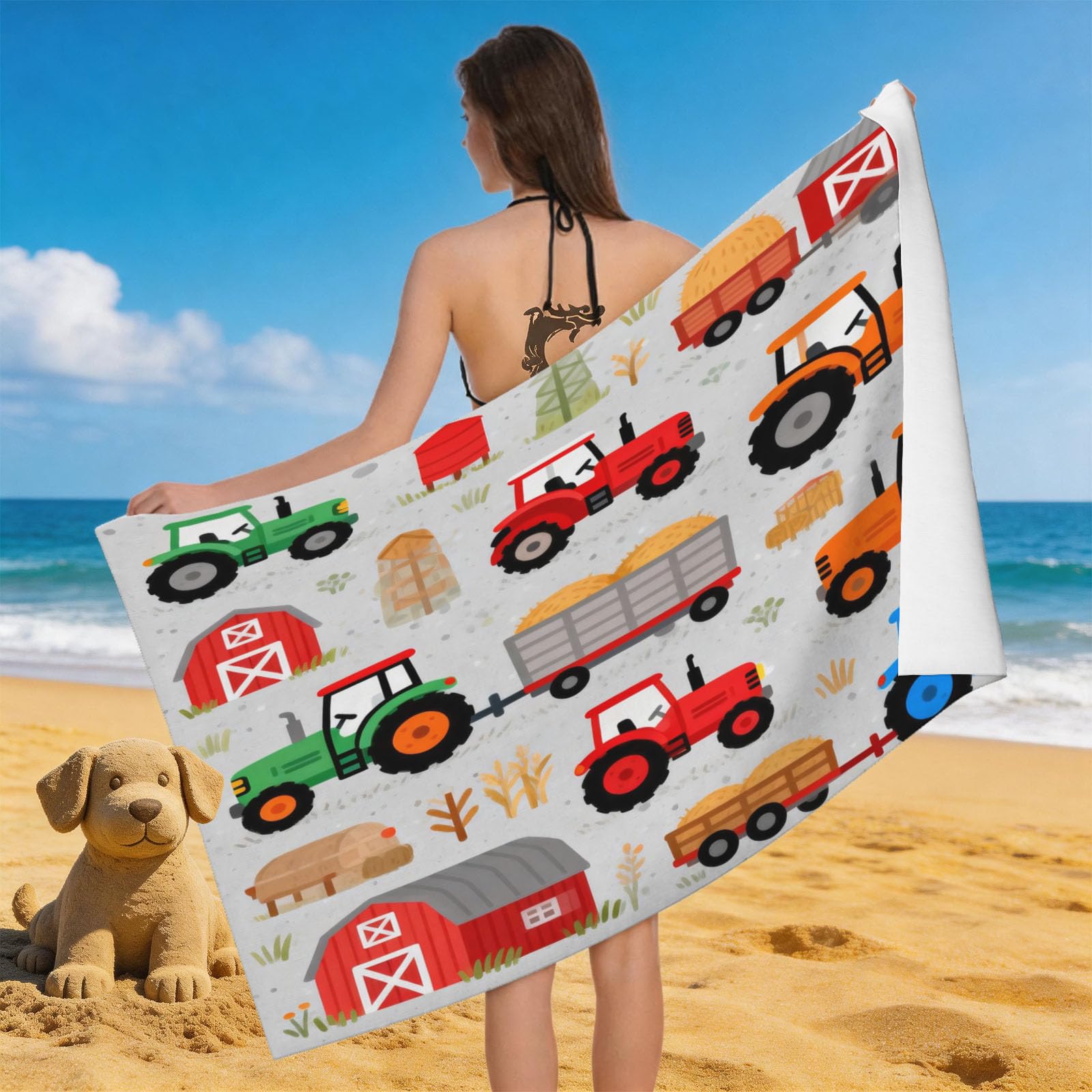 Leichong 3D Farm Tractor Beach Towel Microfiber Soft Quick Dry for Adults, Farm Machinery Bath Towel Lightweight Soft Absorbent for Travel Swimming Pool Sports, 75 x 150 cm