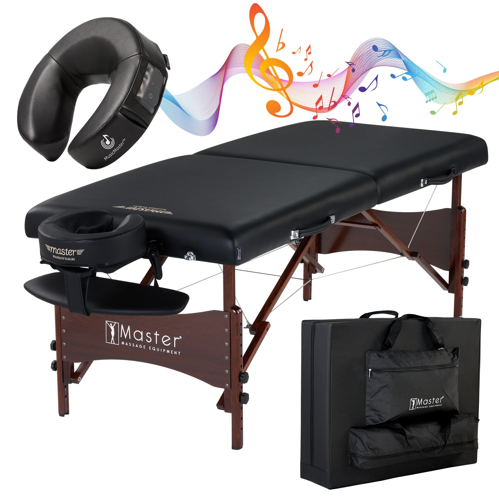 Master Massage 30" Newport Massage Table Beauty Bed Package with Extra MusicMaster Universal/Cresenct Sound Face Cradle Cushion- Black