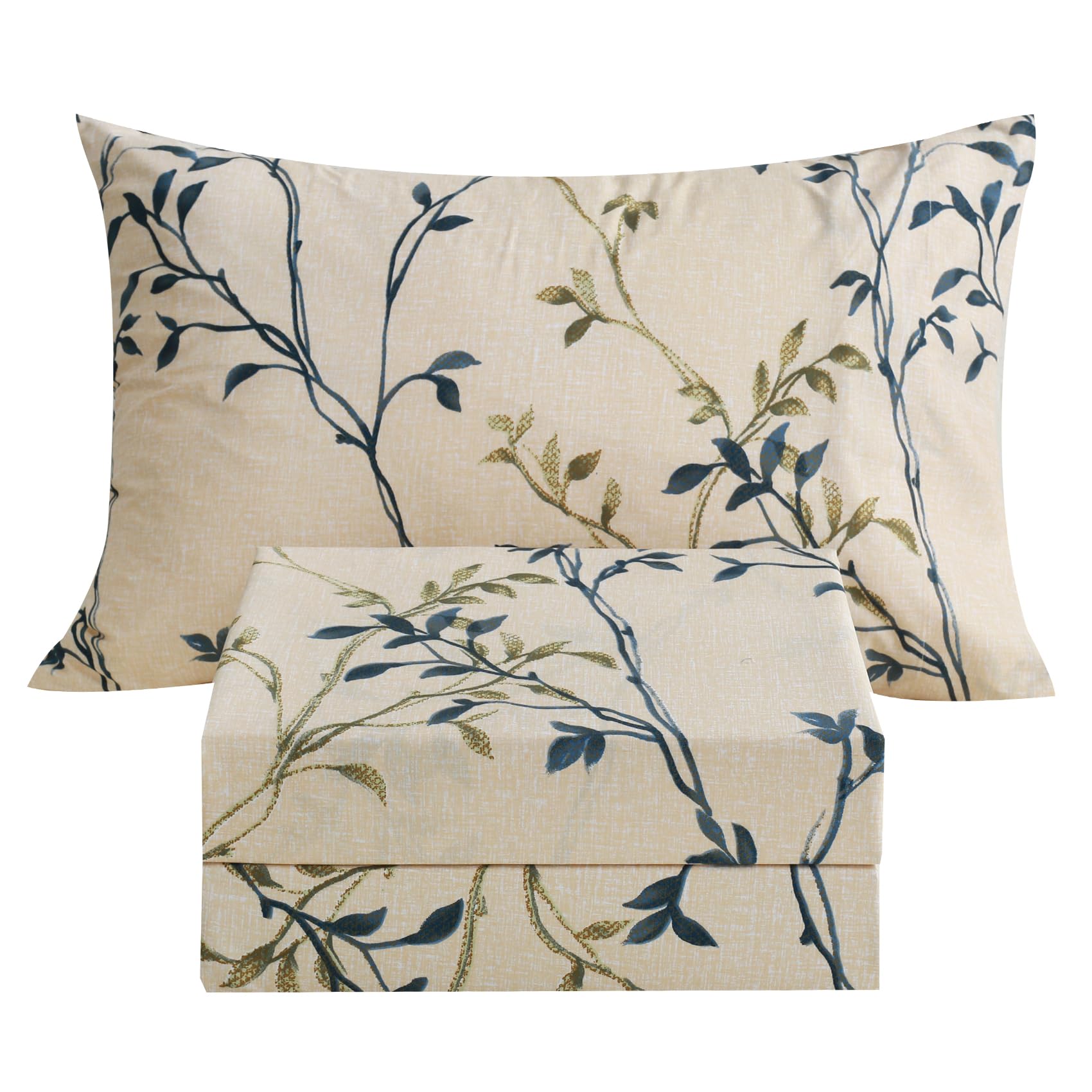 JSD Beige Leaves Print Single Bed Sheet Set, 3 Piece Soft Botanical Microfiber Sheets Extra Deep Pocket