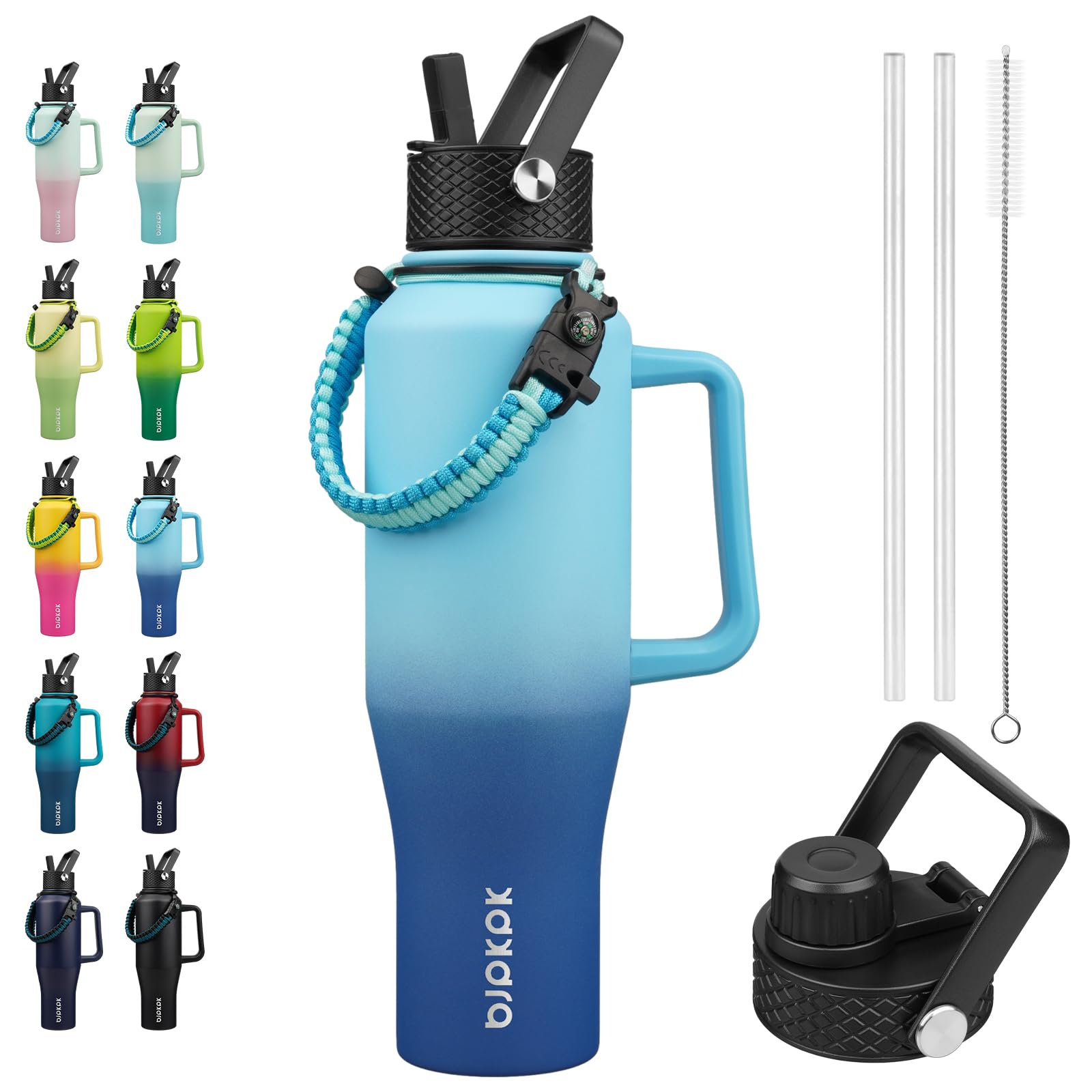 BJPKPK Insulated Water Bottles with Straw Lid, 40oz Metal Water Bottle with 2 lids & Paracord Strap, Double Wall Stainless Steel Tumbler with Handle, Reusable Cups, Mugs, Thermo, Sky