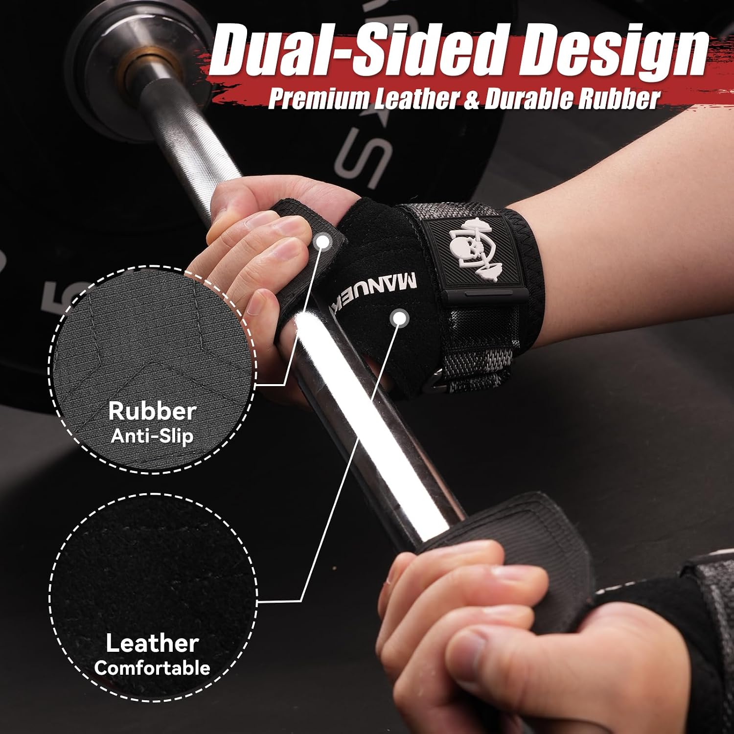 MANUEKLEAR Double Leather Weight Lifting Straps with Cushion Wrist Loop image 2